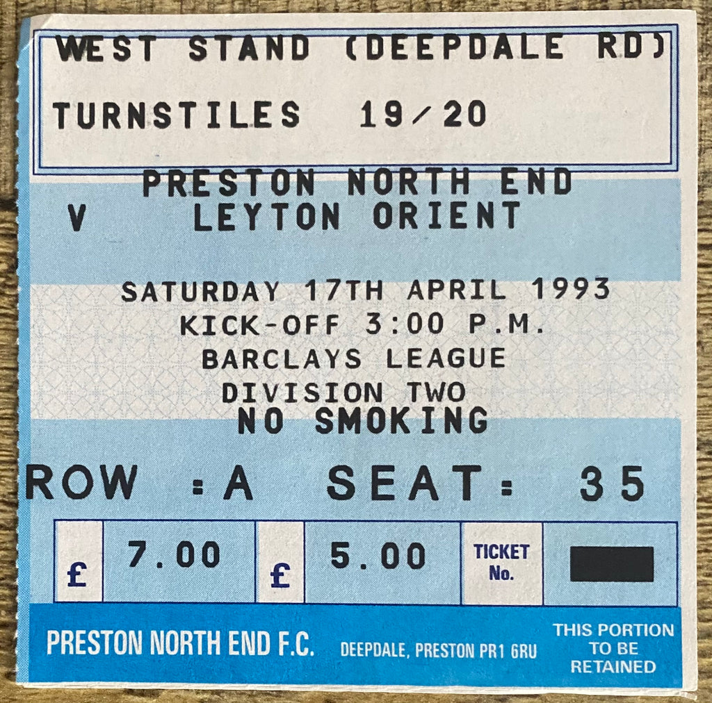 1992/93 ORIGINAL DIVISION 2 TICKET PRESTON NORTH END V LEYTON ORIENT