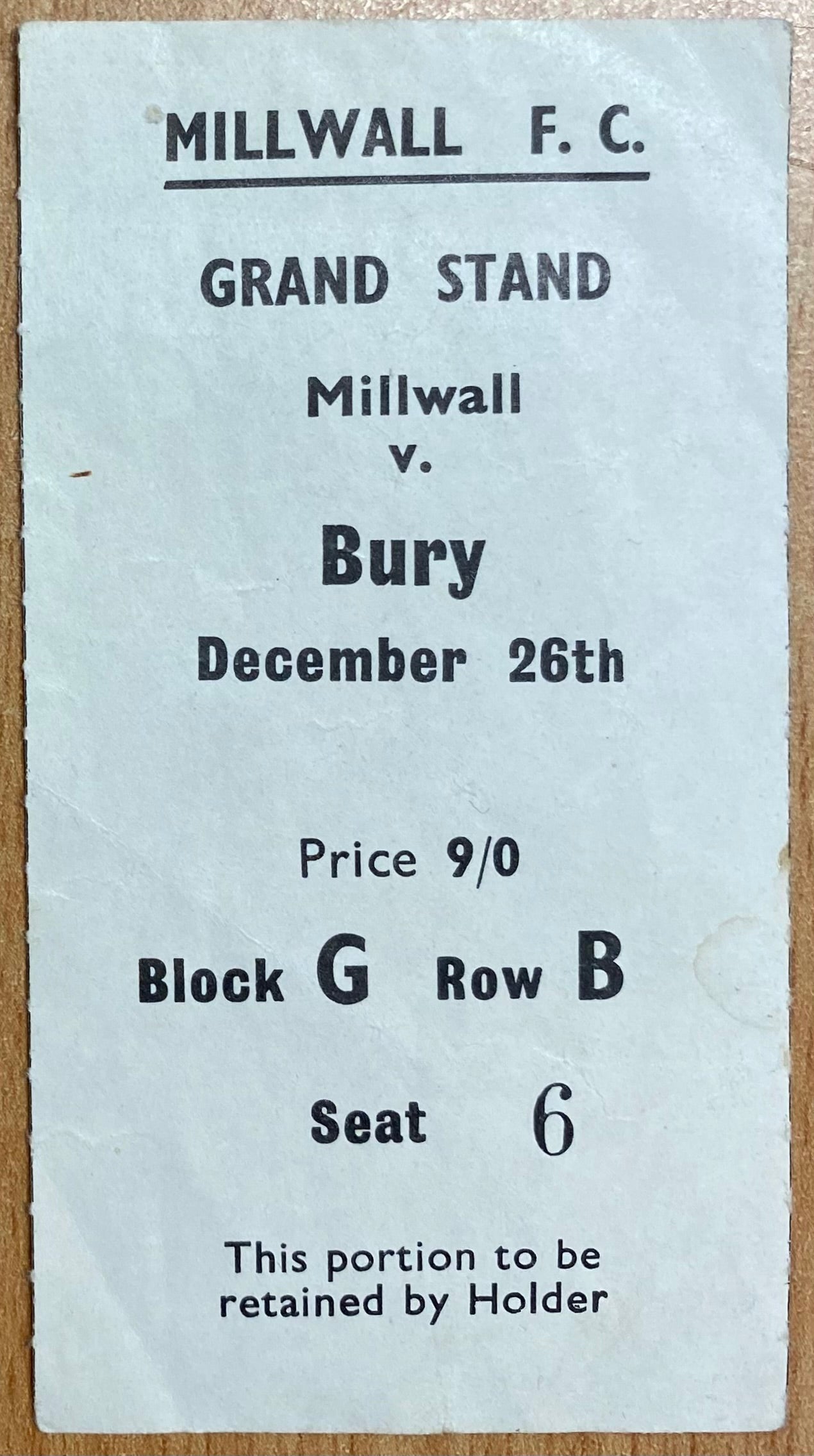 1968/69 ORIGINAL DIVISION 2 TICKET MILLWALL V BURY