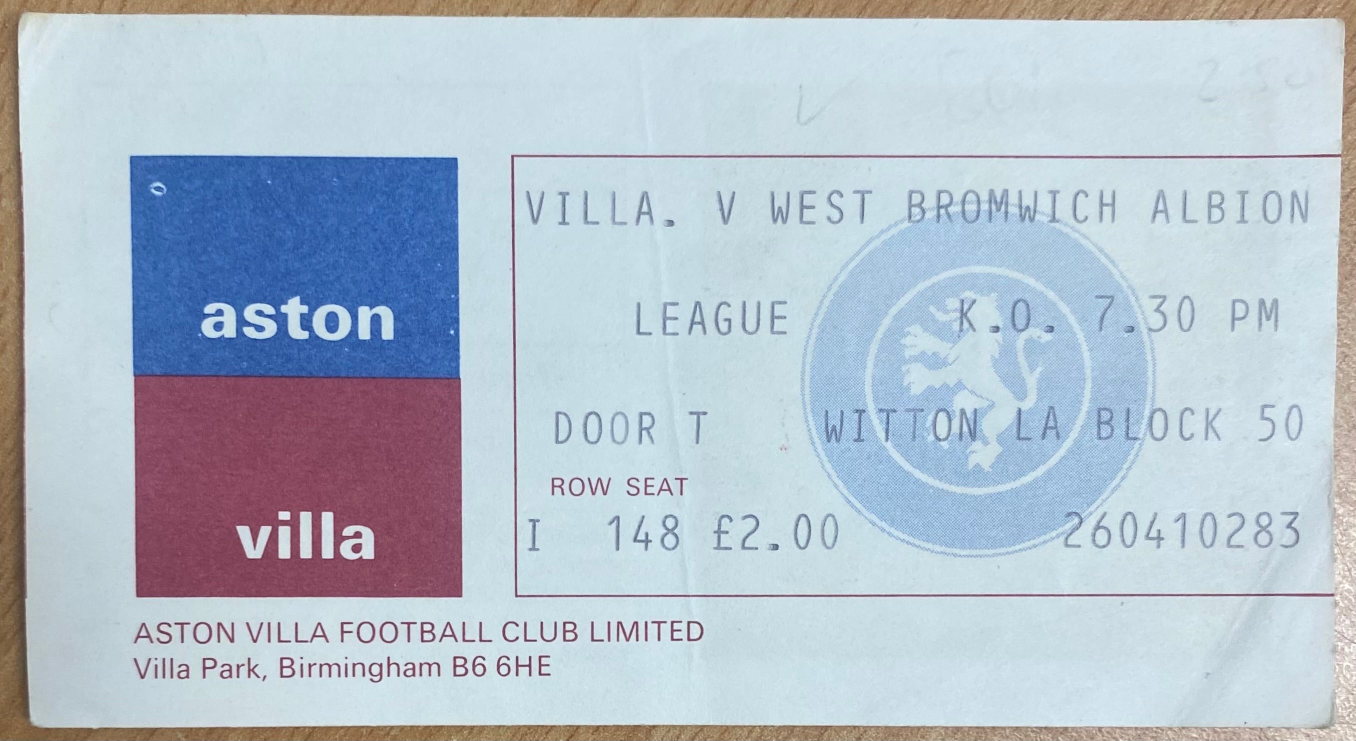 1978/79 ORIGINAL DIVISION 1 TICKET ASTON VILLA V WEST BROMWICH ALBION