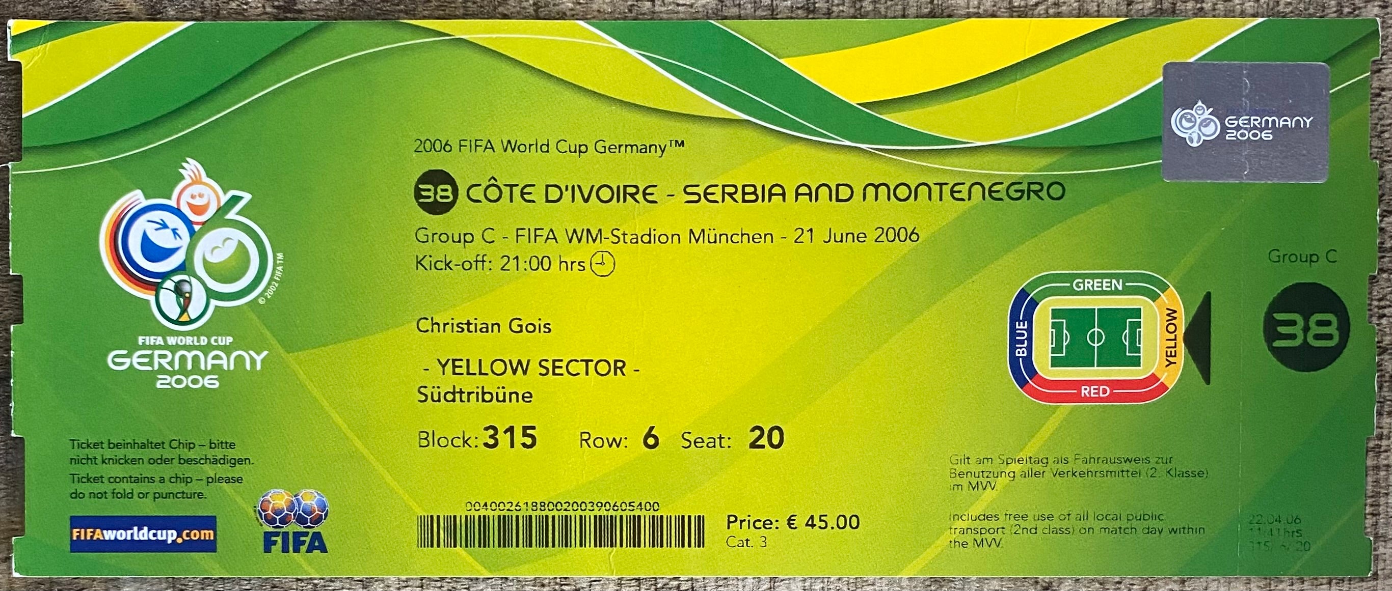2006 ORIGINAL WORLD CUP 1ST ROUND TICKET IVORY COAST V SERBIA AND MONTENEGRO @ MUNICH