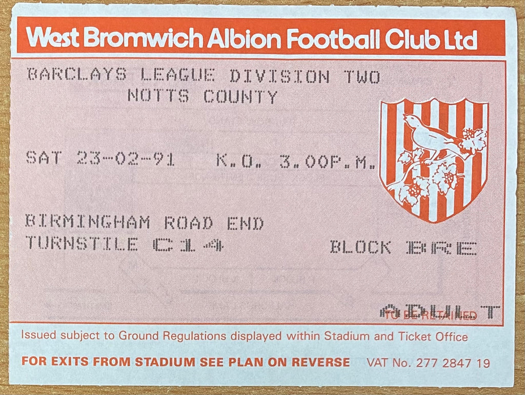 1990/91 ORIGINAL DIVISION 2 TICKET WEST BROMWICH ALBION V NOTTS COUNTY