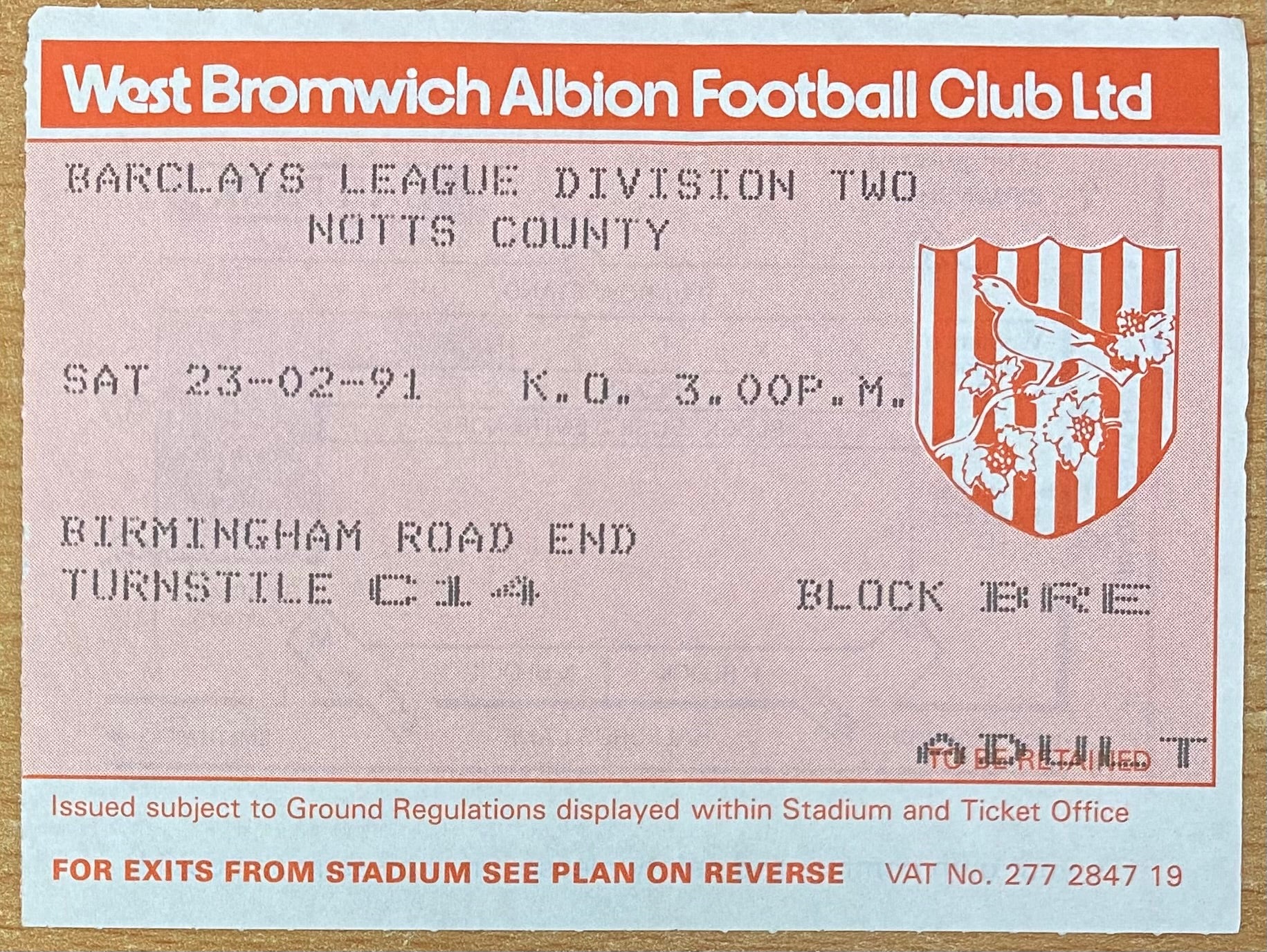 1990/91 ORIGINAL DIVISION 2 TICKET WEST BROMWICH ALBION V NOTTS COUNTY