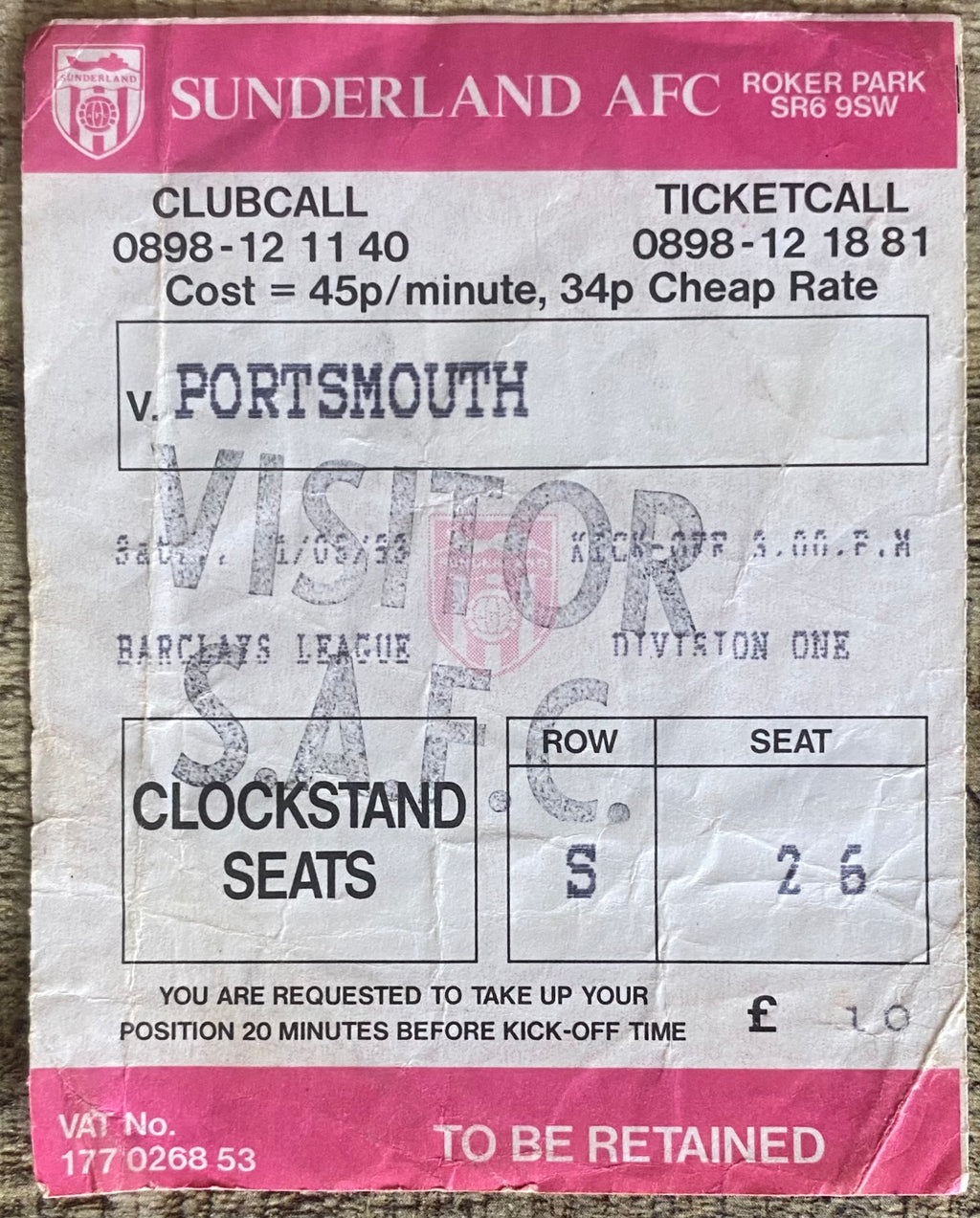 1992/93 ORIGINAL DIVISION 1 TICKET SUNDERLAND V PORTSMOUTH