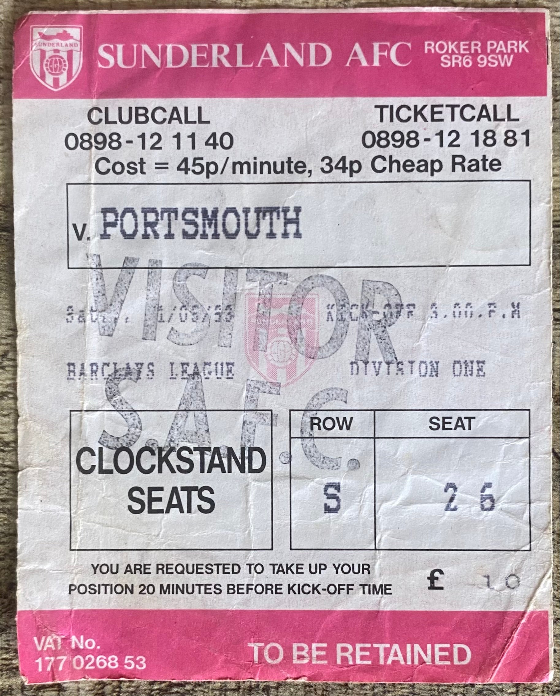 1992/93 ORIGINAL DIVISION 1 TICKET SUNDERLAND V PORTSMOUTH