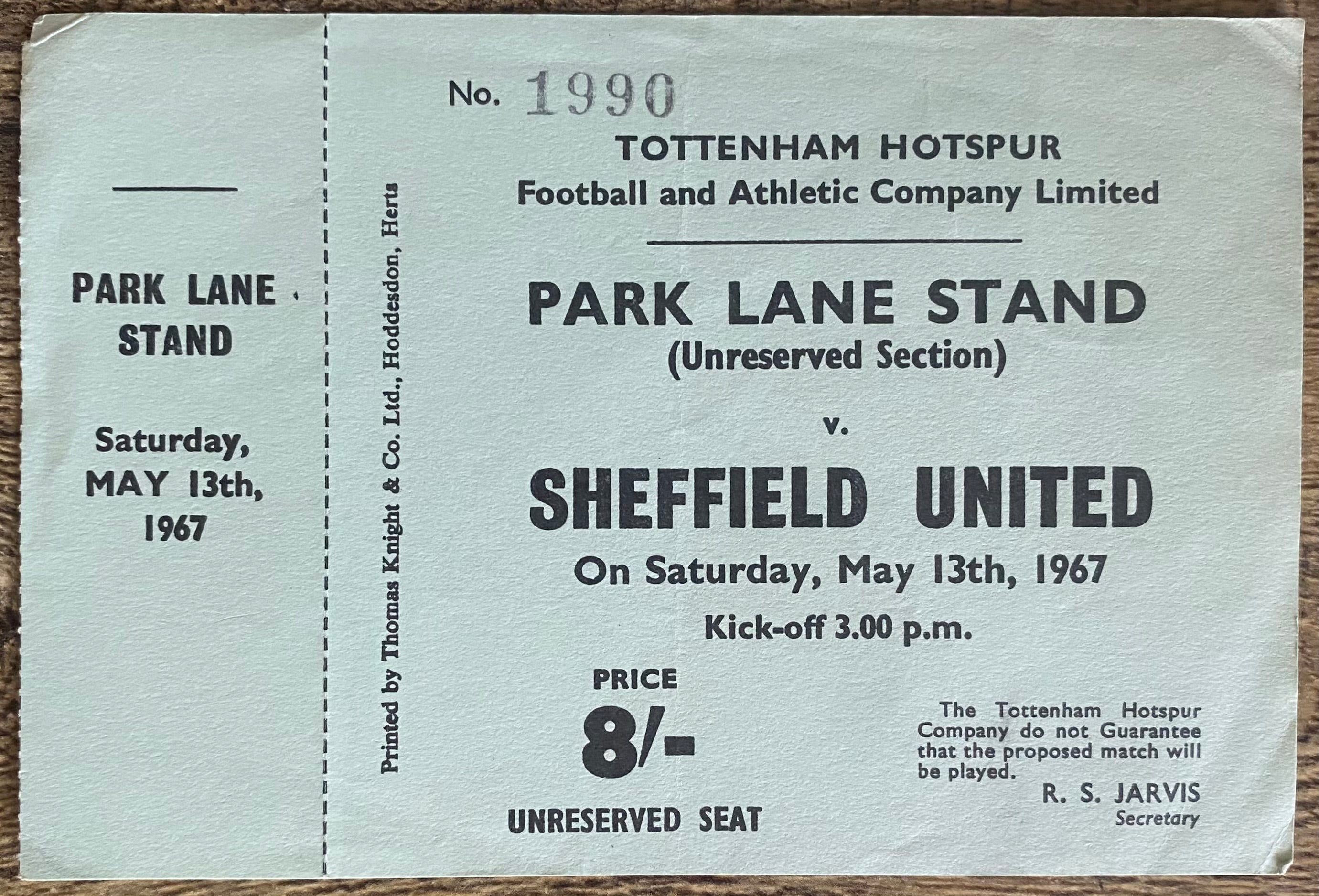 1966/67 ORIGINAL DIVISION ONE UNUSED TICKET TOTTENHAM HOTSPUR V SHEFFIELD UNITED