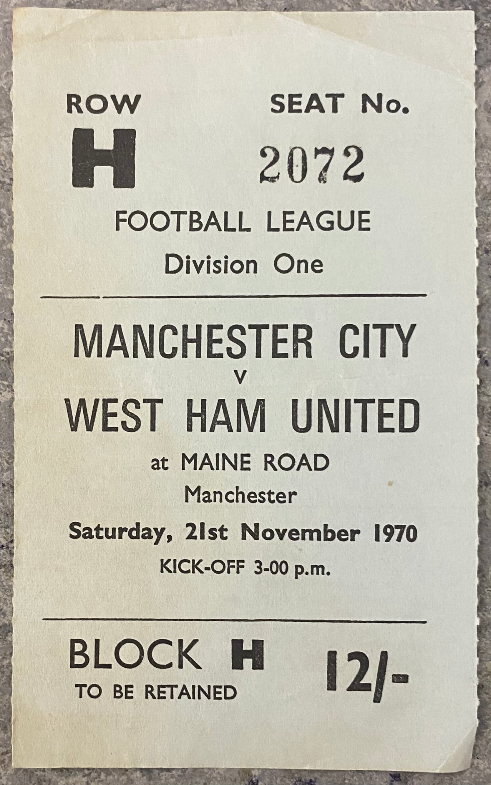 1970/71 ORIGINAL DIVISION 1 TICKET MANCHESTER CITY V WEST HAM UNITED