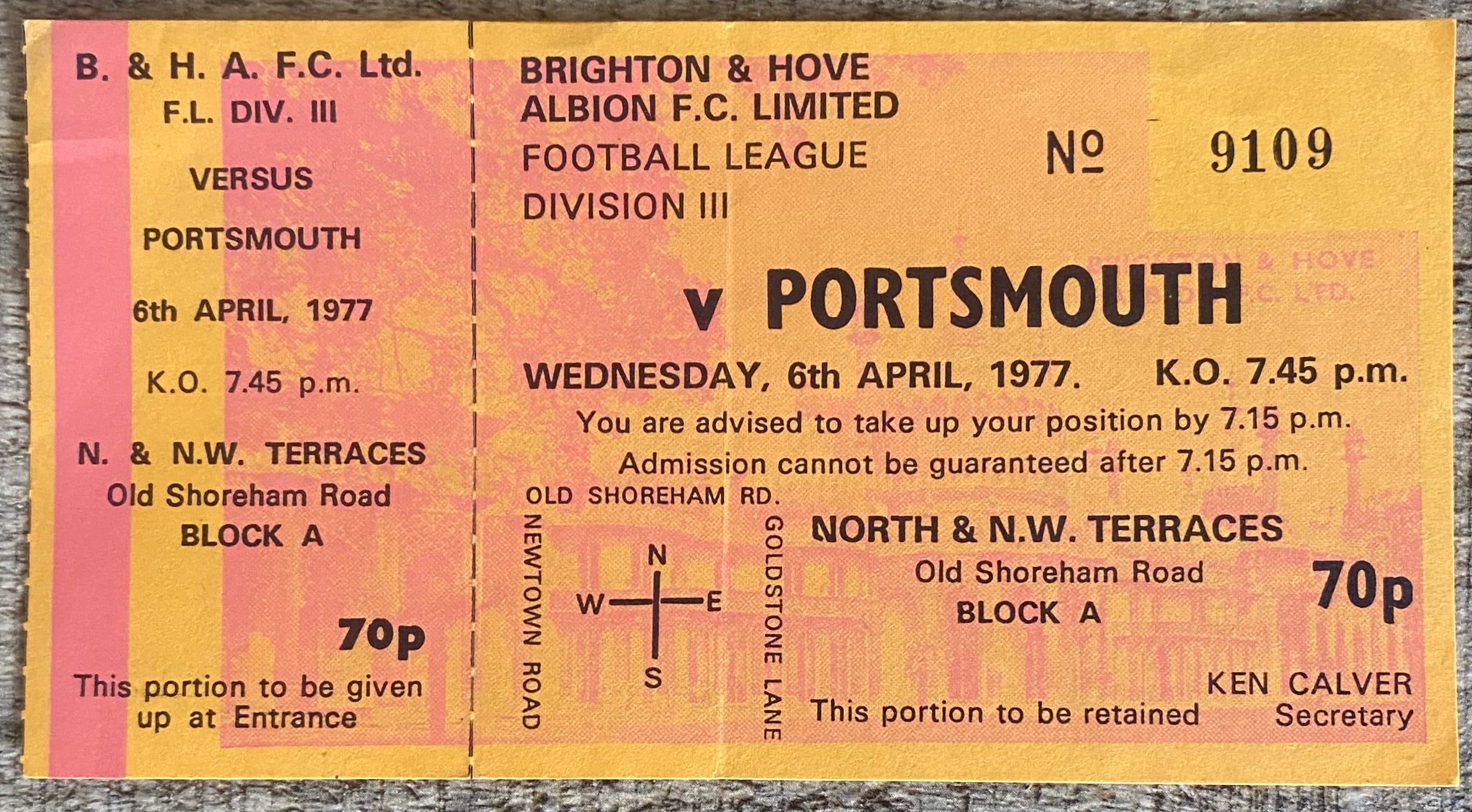 1976/77 ORIGINAL DIVISION 3 UNUSED TICKET BRIGHTON AND HOVE ALBION V PORTSMOUTH