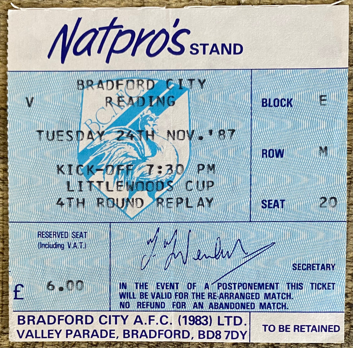 1987/88 LITTLEWOODS CUP 4TH ROUND REPLAY TICKET BRADFORD CITY V READING