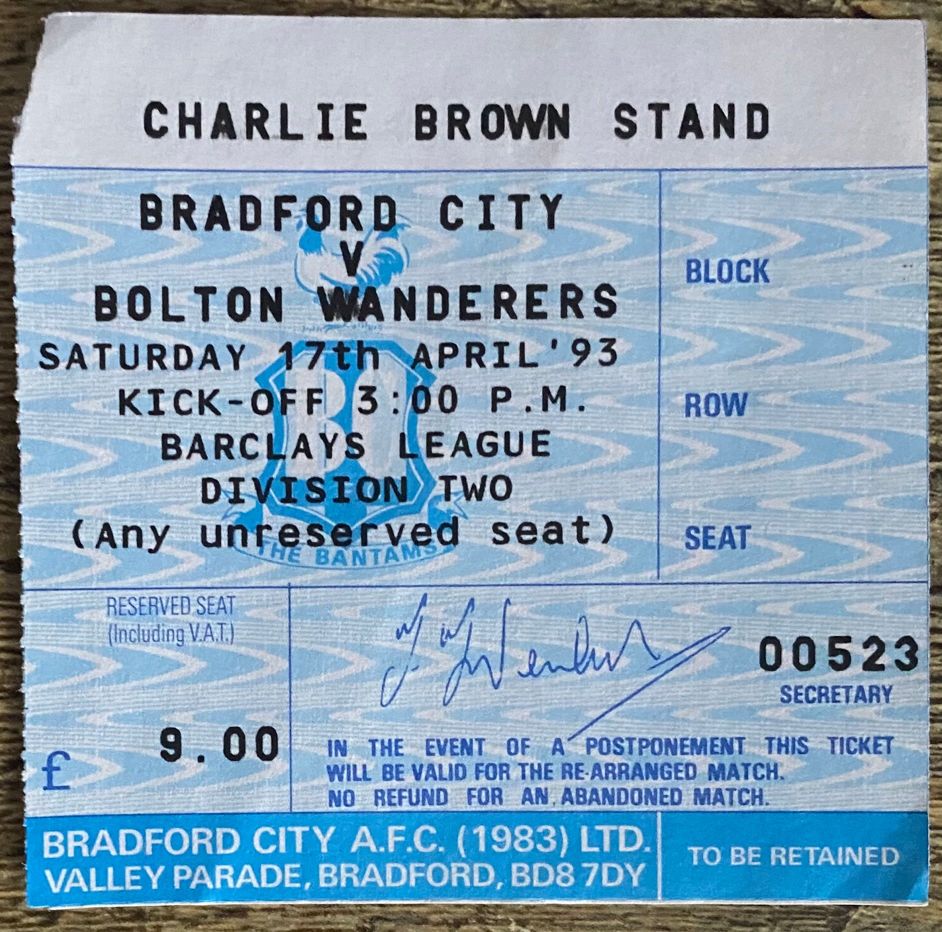 1992/93 ORIGINAL DIVISION 2 TICKET BRADFORD CITY V BOLTON WANDERERS