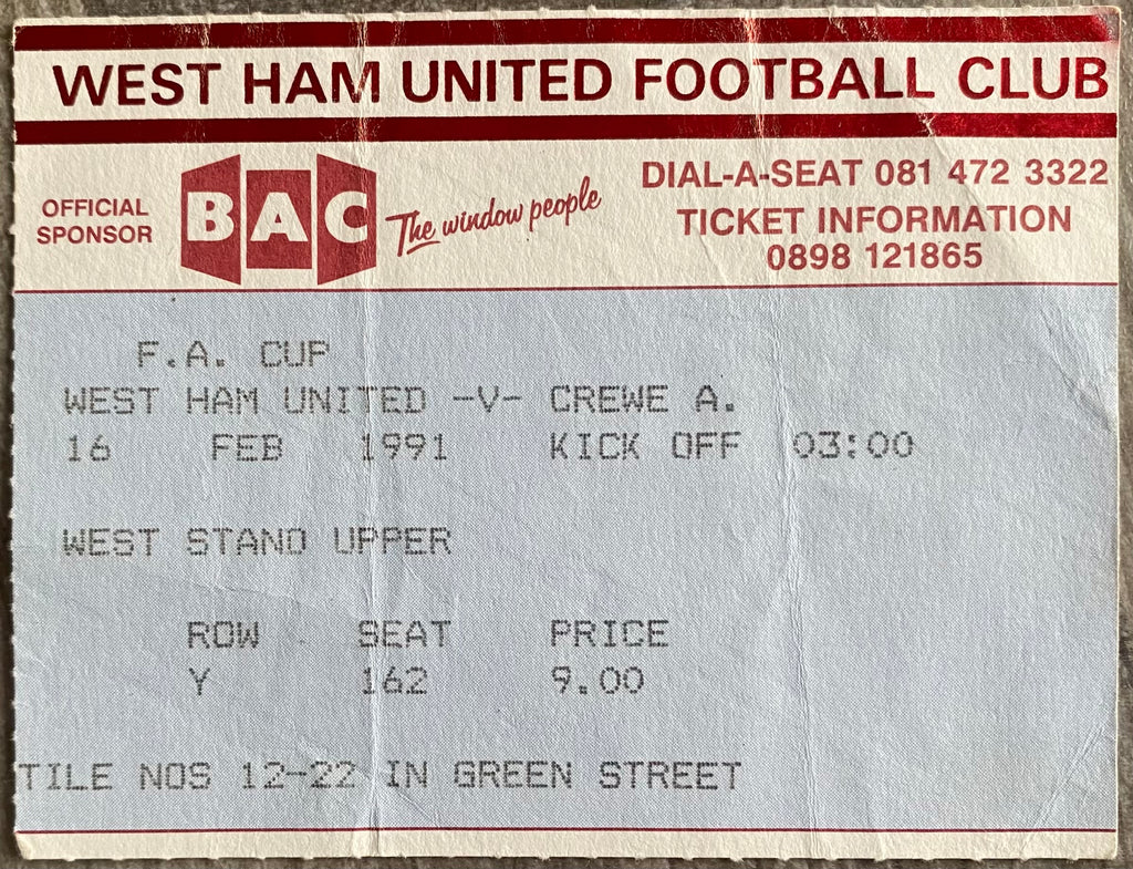 1990/91 ORIGINAL FA CUP 5TH ROUND TICKET WEST HAM UNITED V CREWE ALEXANDRA