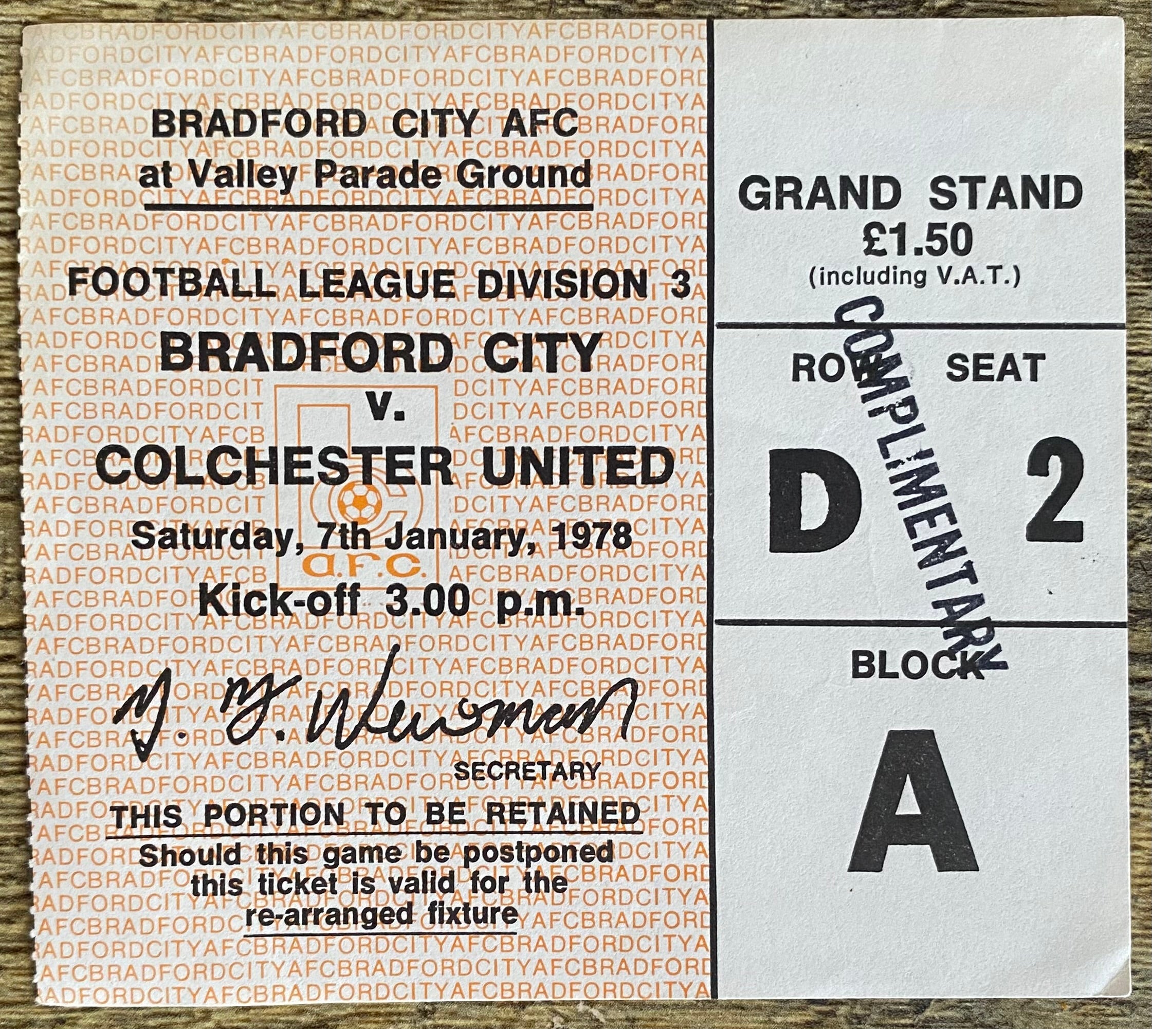 1977/78 ORIGINAL DIVISION 3 TICKET BRADFORD CITY V COLCHESTER