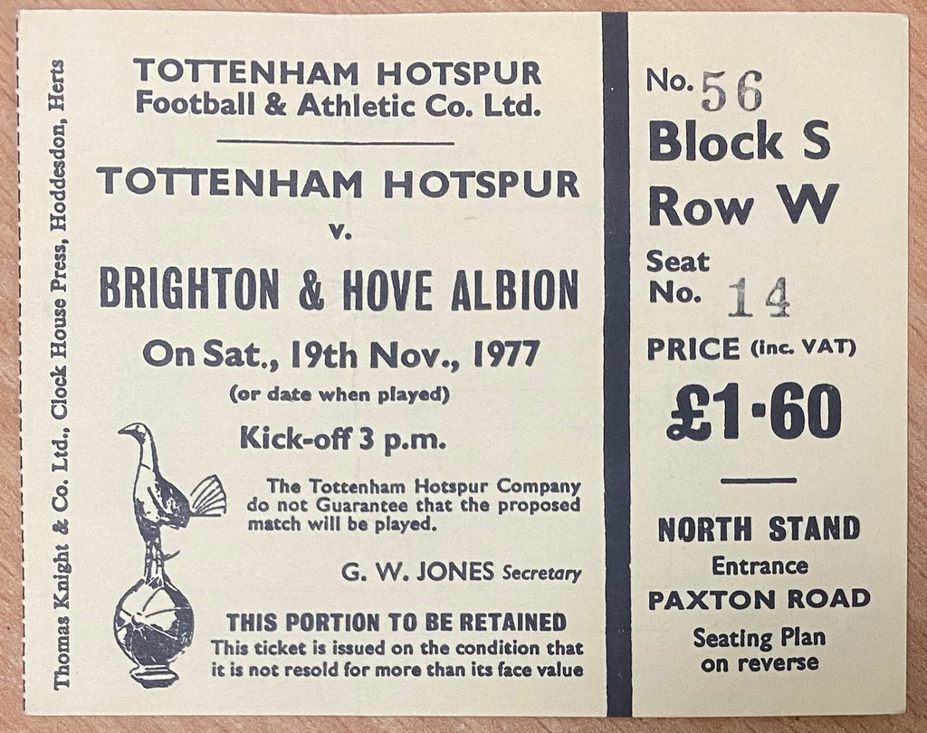 1977/78 ORIGINAL DIVISION TWO TICKET TOTTENHAM HOTSPUR V BRIGHTON AND HOVE ALBION