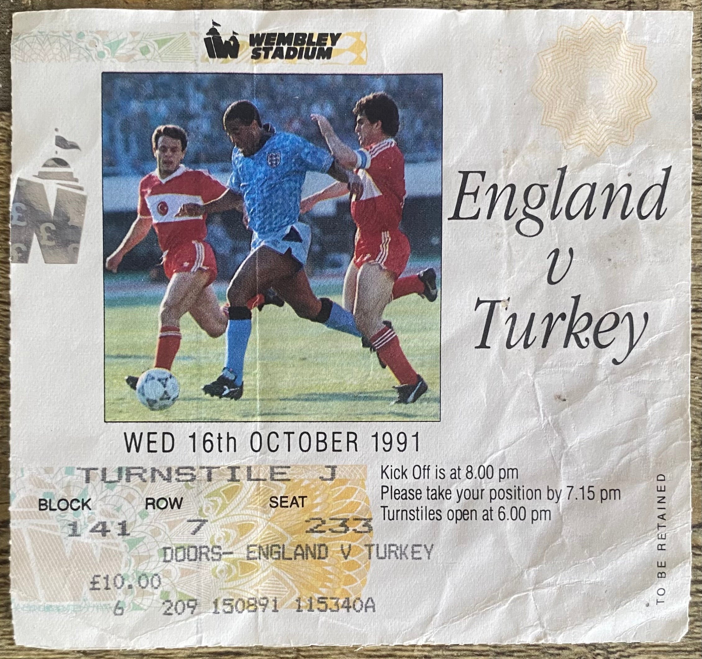 1991 ORIGINAL EUROPEAN CHAMPIONSHIPS QUALIFYING TICKET ENGLAND V TURKEY
