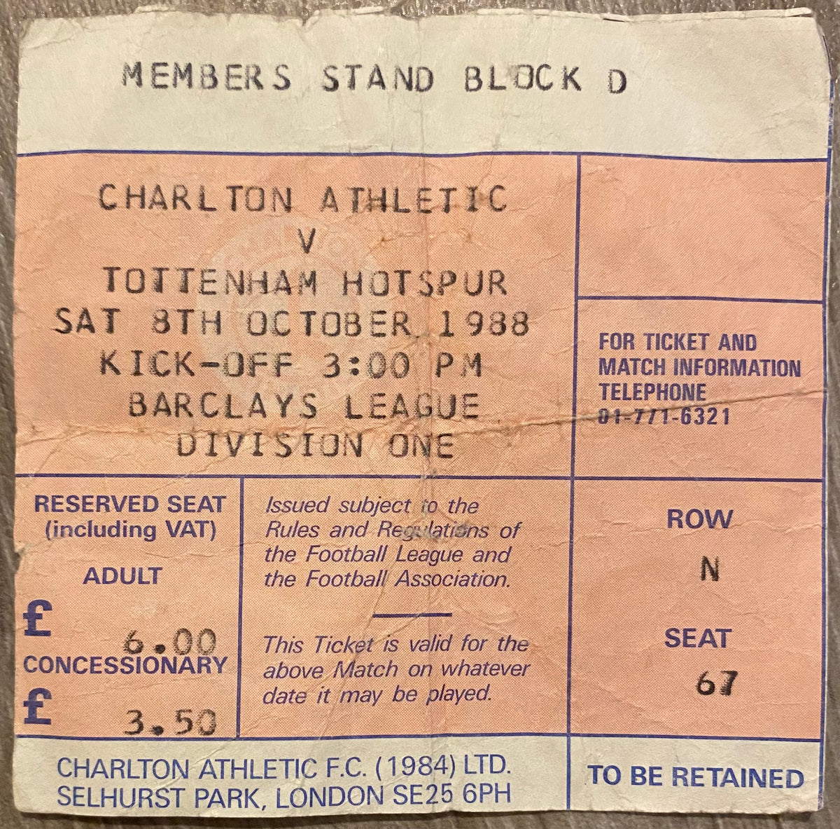 1988/89 ORIGINAL DIVISION ONE TICKET CHARLTON ATHLETIC V TOTTENHAM HOTSPUR