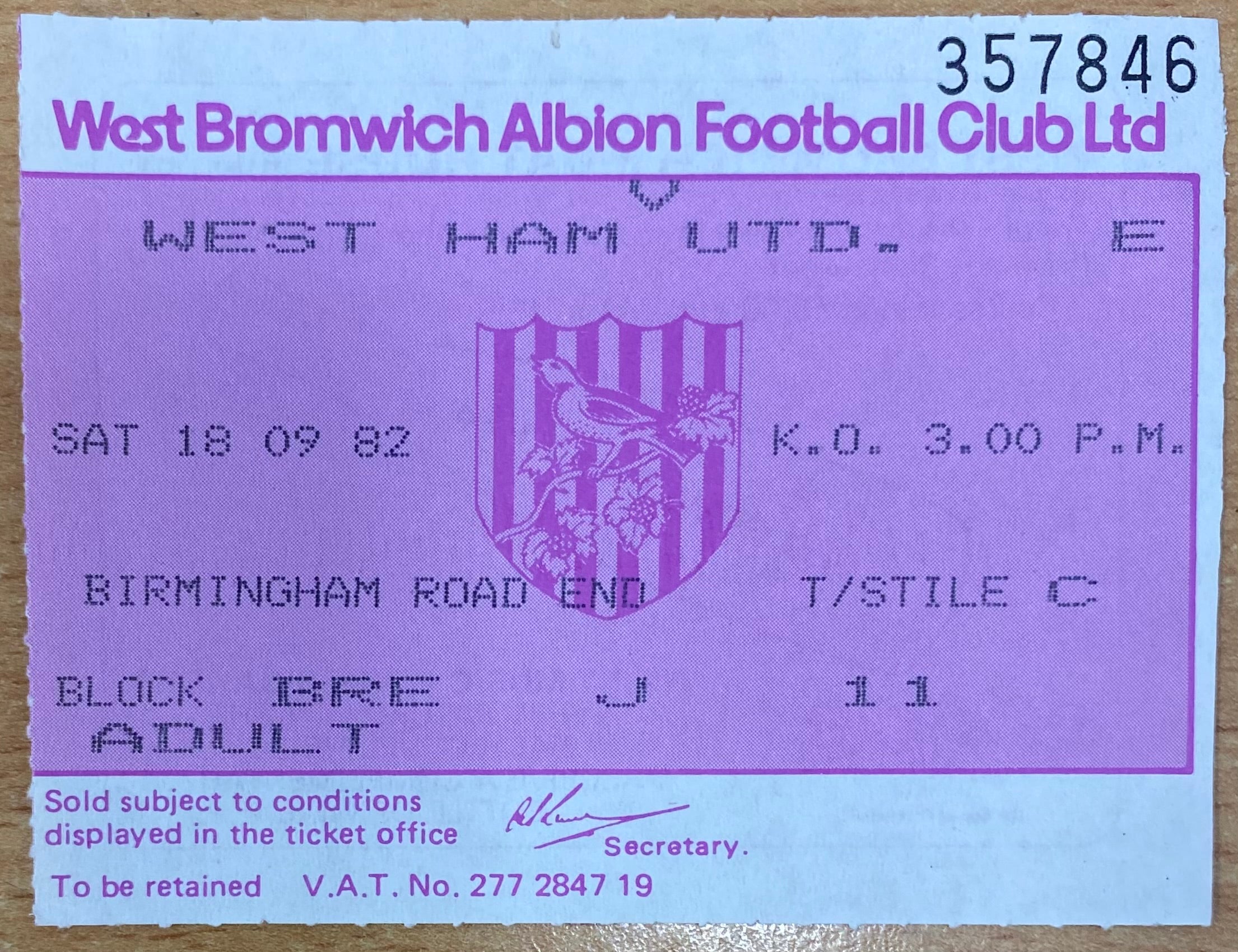 1982/83 ORIGINAL DIVISION 1 TICKET WEST BROMWICH ALBION V WEST HAM UNITED