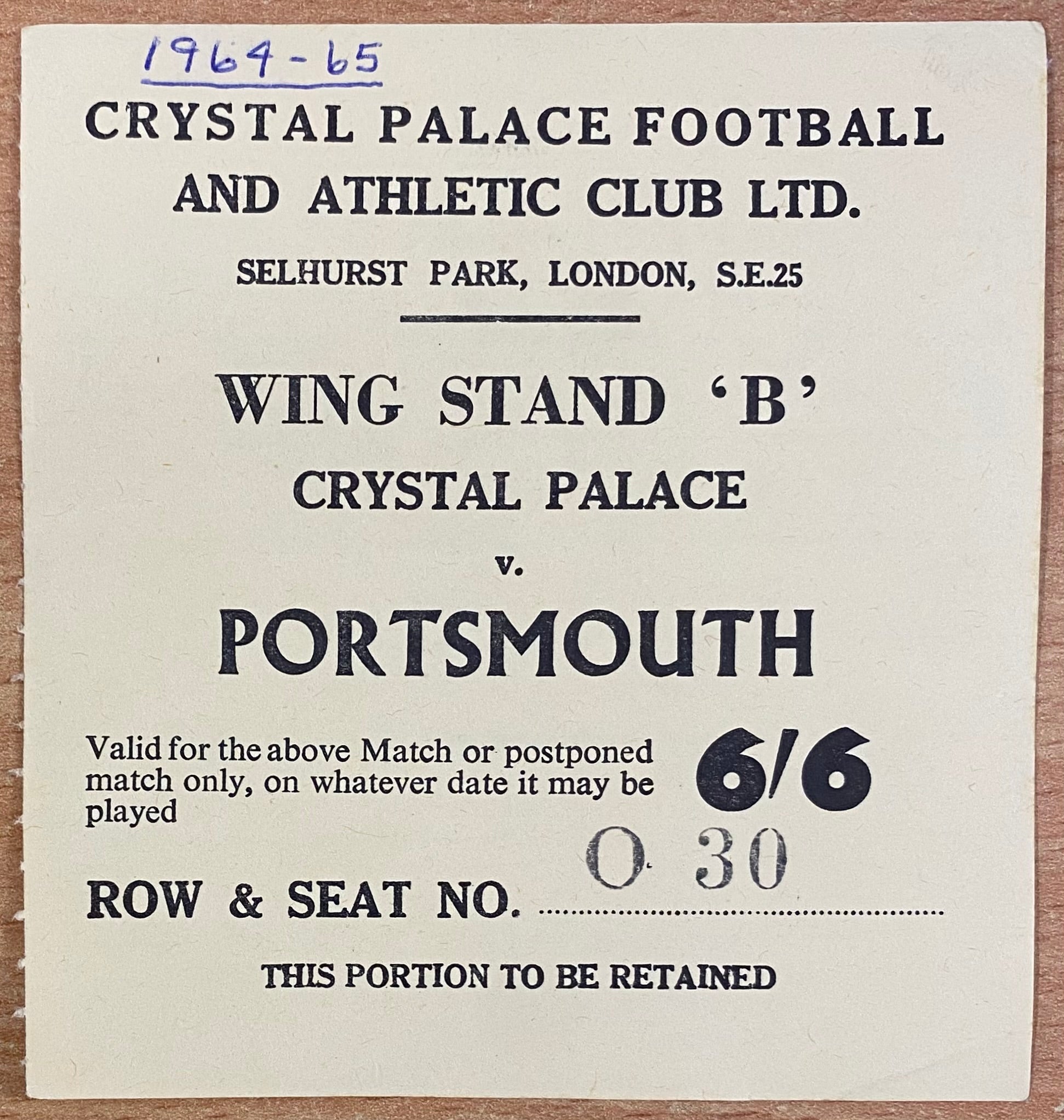 1964/65 ORIGINAL DIVISION 2 TICKET CRYSTAL PALACE V PORTSMOUTH