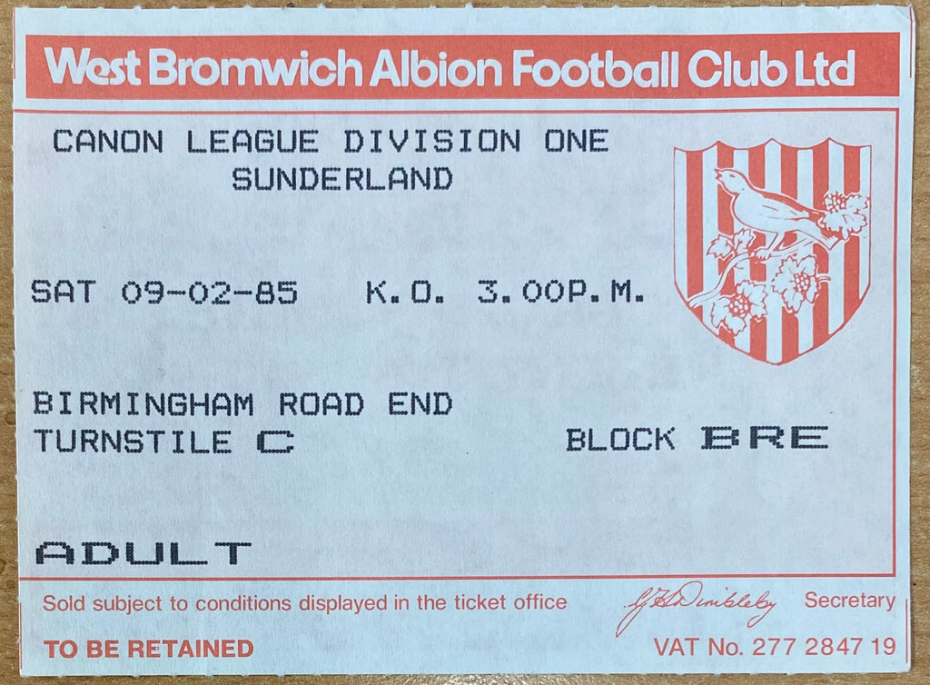 1984/85 ORIGINAL DIVISION 1 TICKET WEST BROMWICH ALBION V SUNDERLAND