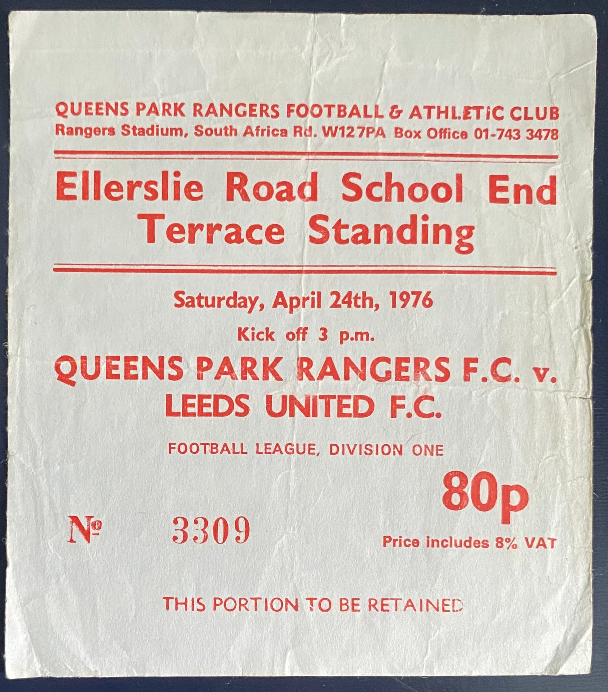 1975/76 ORIGINAL DIVISION 1 TICKET QUEENS PARK RANGERS V LEEDS UNITED