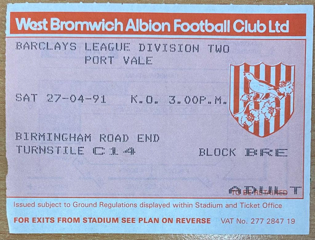 1990/91 ORIGINAL DIVISION 2 TICKET WEST BROMWICH ALBION V PORT VALE