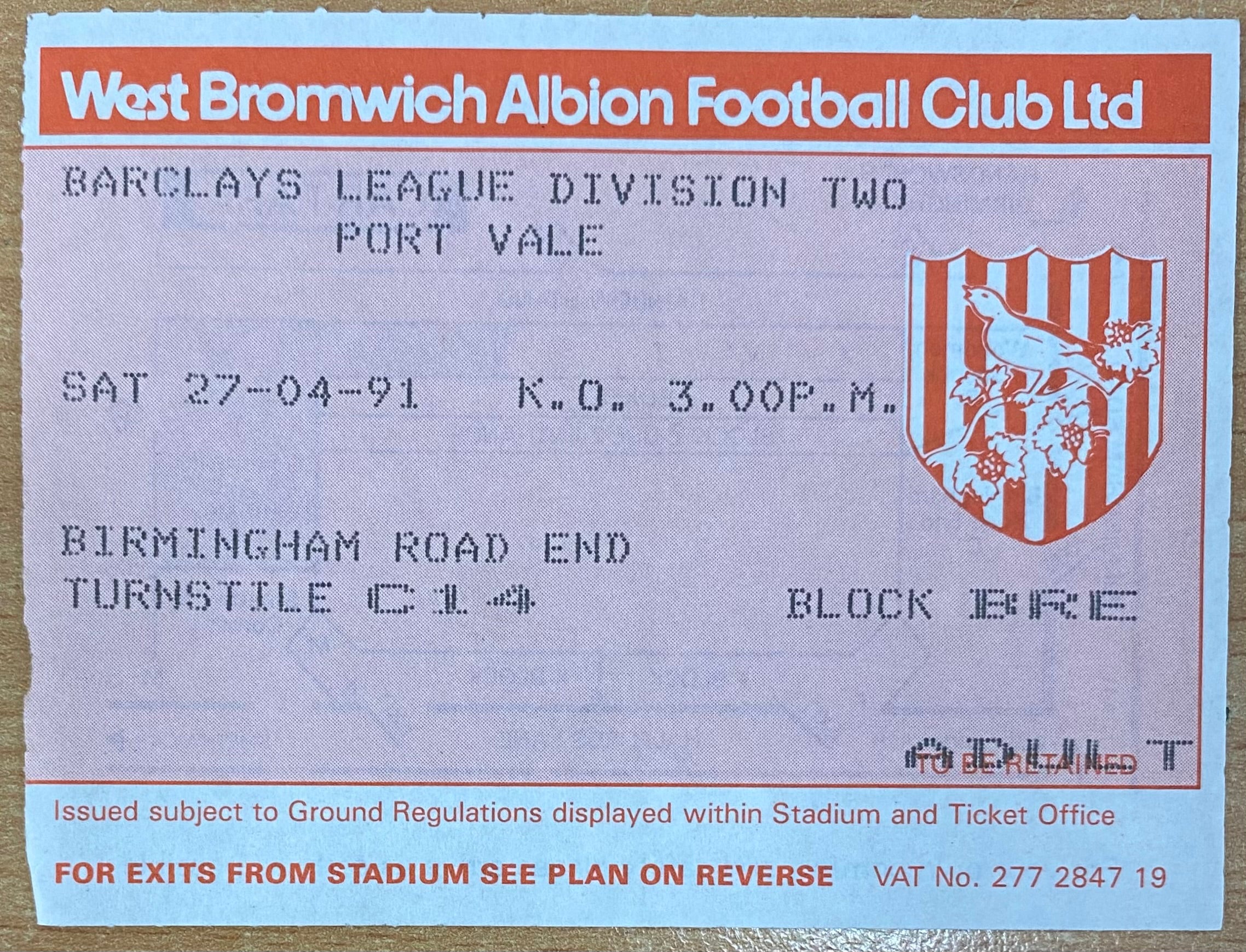 1990/91 ORIGINAL DIVISION 2 TICKET WEST BROMWICH ALBION V PORT VALE