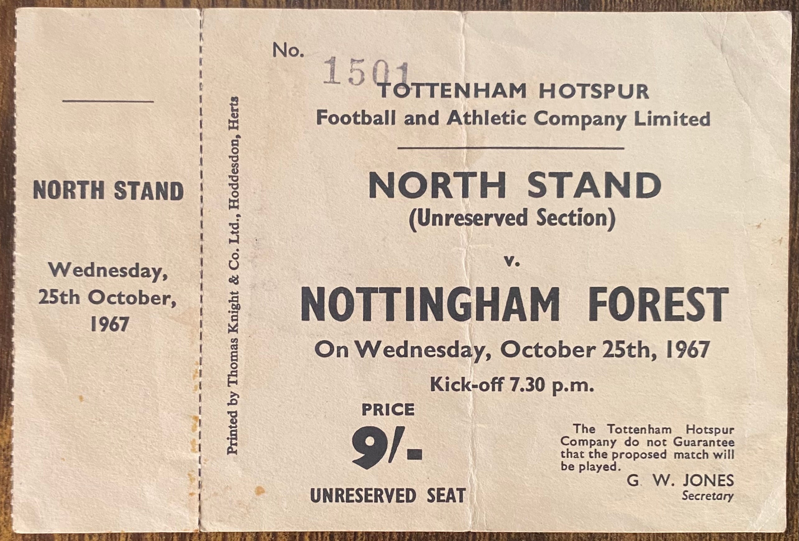 1967/68 ORIGINAL DIVISION ONE UNUSED TICKET TOTTENHAM HOTSPUR V NOTTINGHAM FOREST