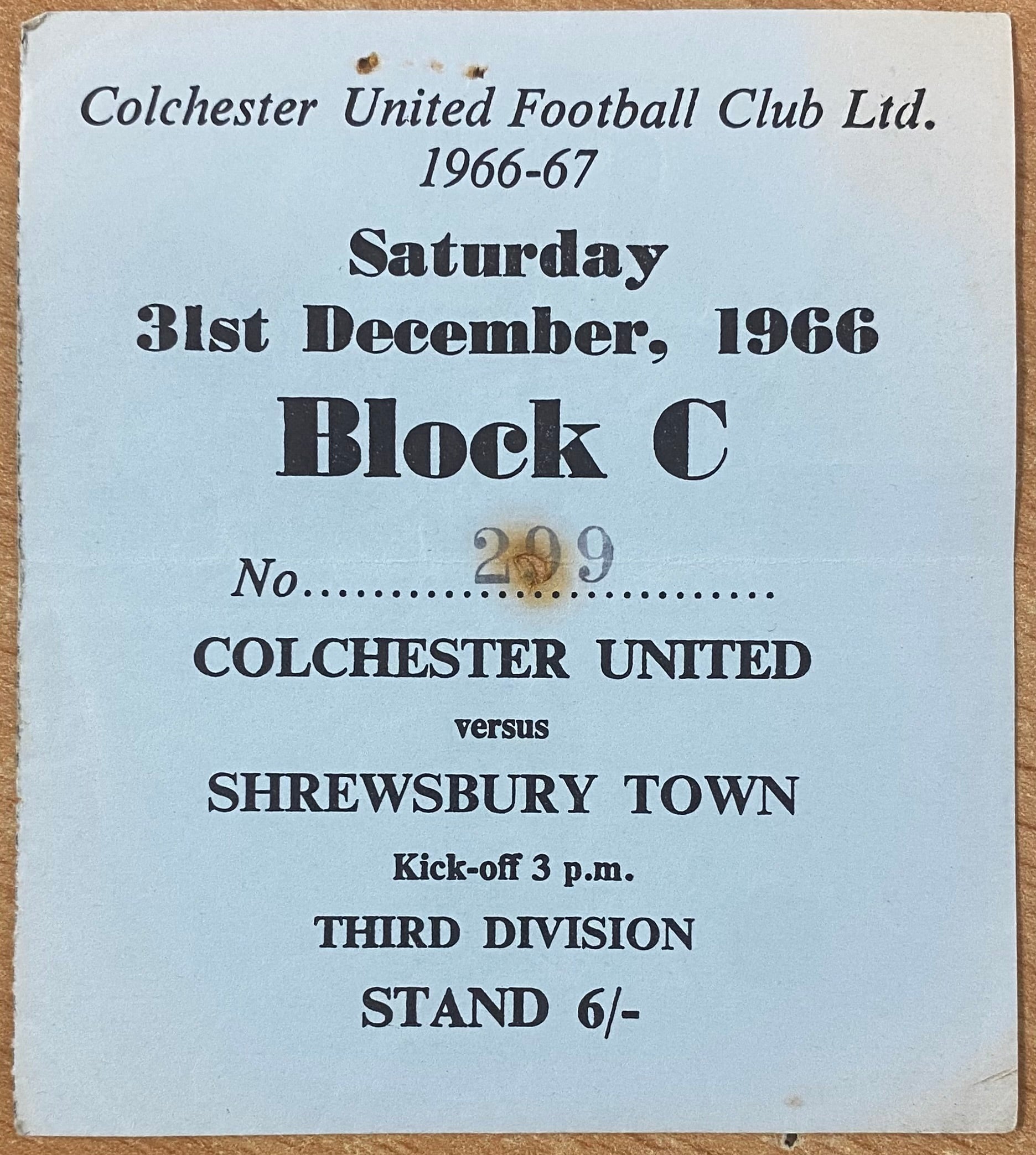 1966/67 ORIGINAL DIVISION 3 TICKET COLCHESTER UNITED V SHREWSBURY TOWN