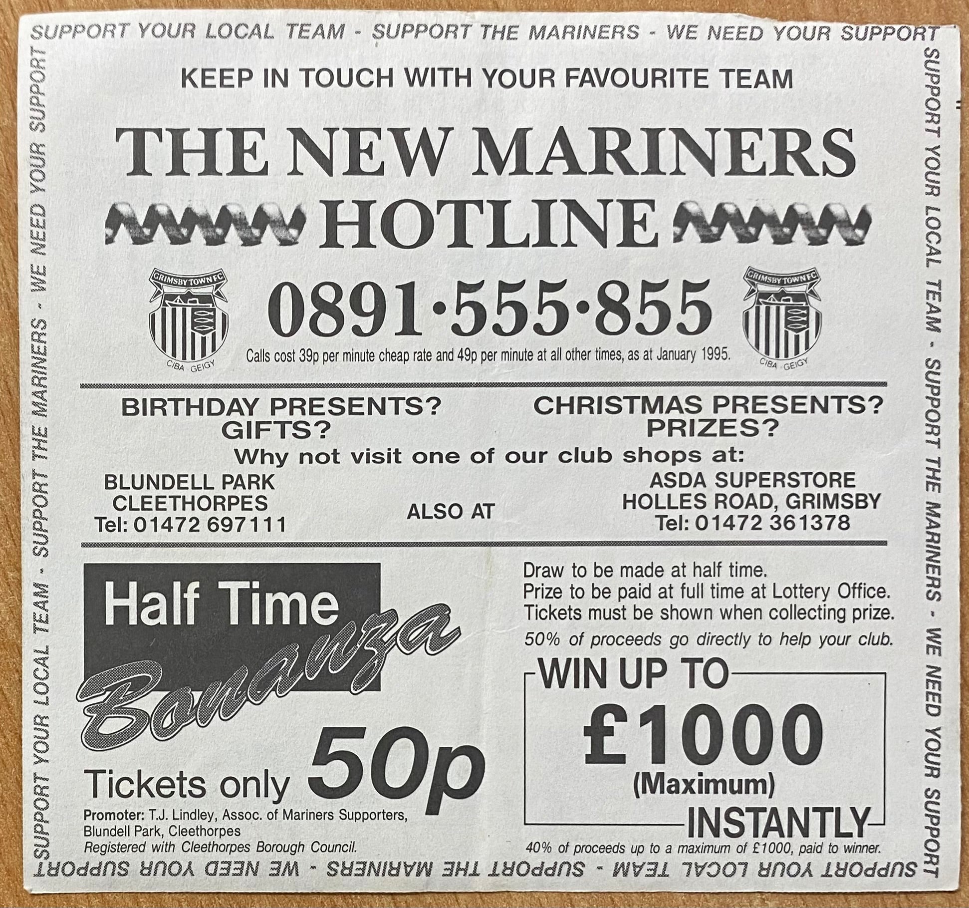 1994/95 ORIGINAL DIVISION 1 TICKET GRIMSBY TOWN V SUNDERLAND