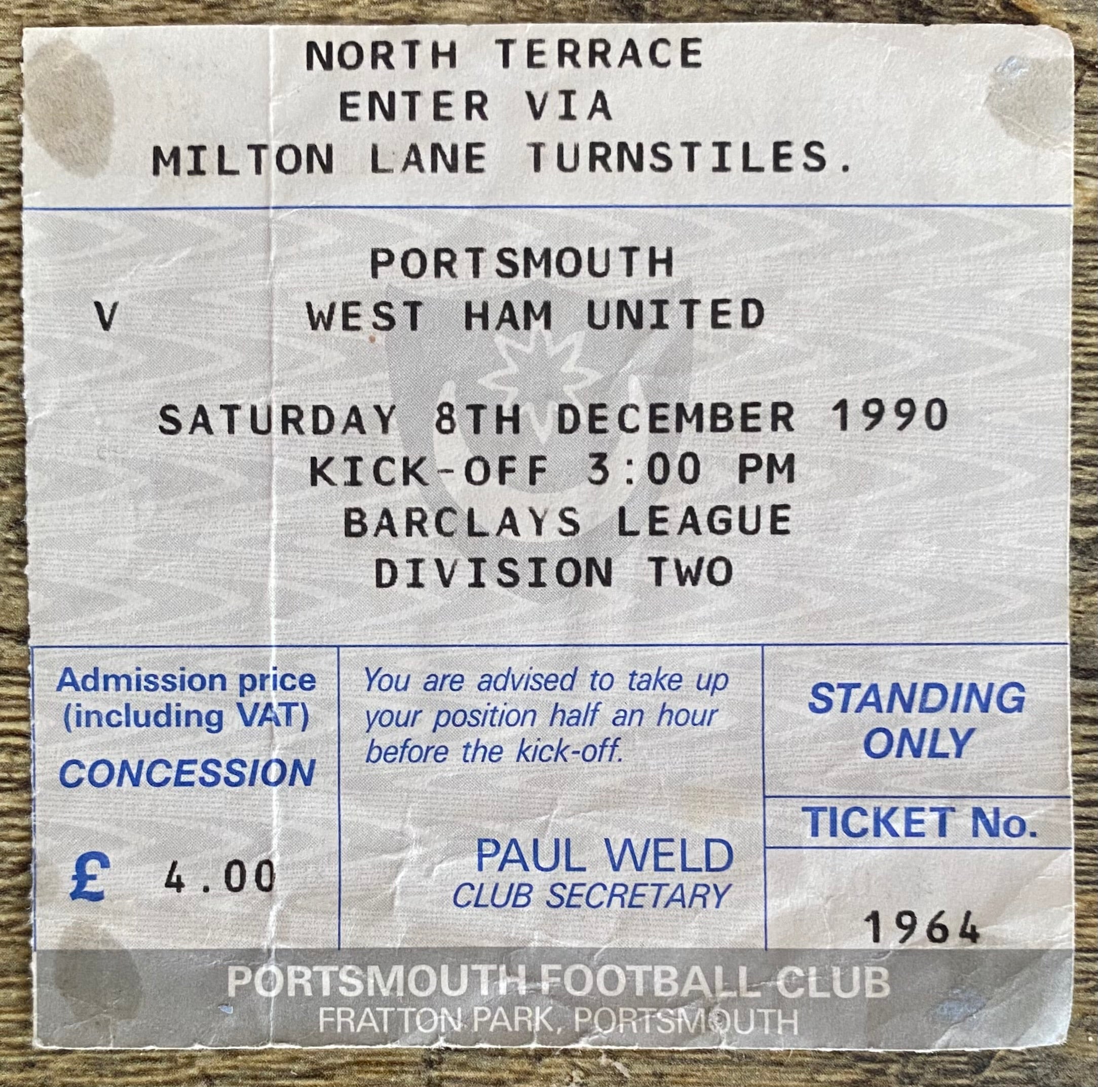 1990/91 ORIGINAL DIVISION 2 TICKET PORTSMOUTH V WEST HAM UNITED