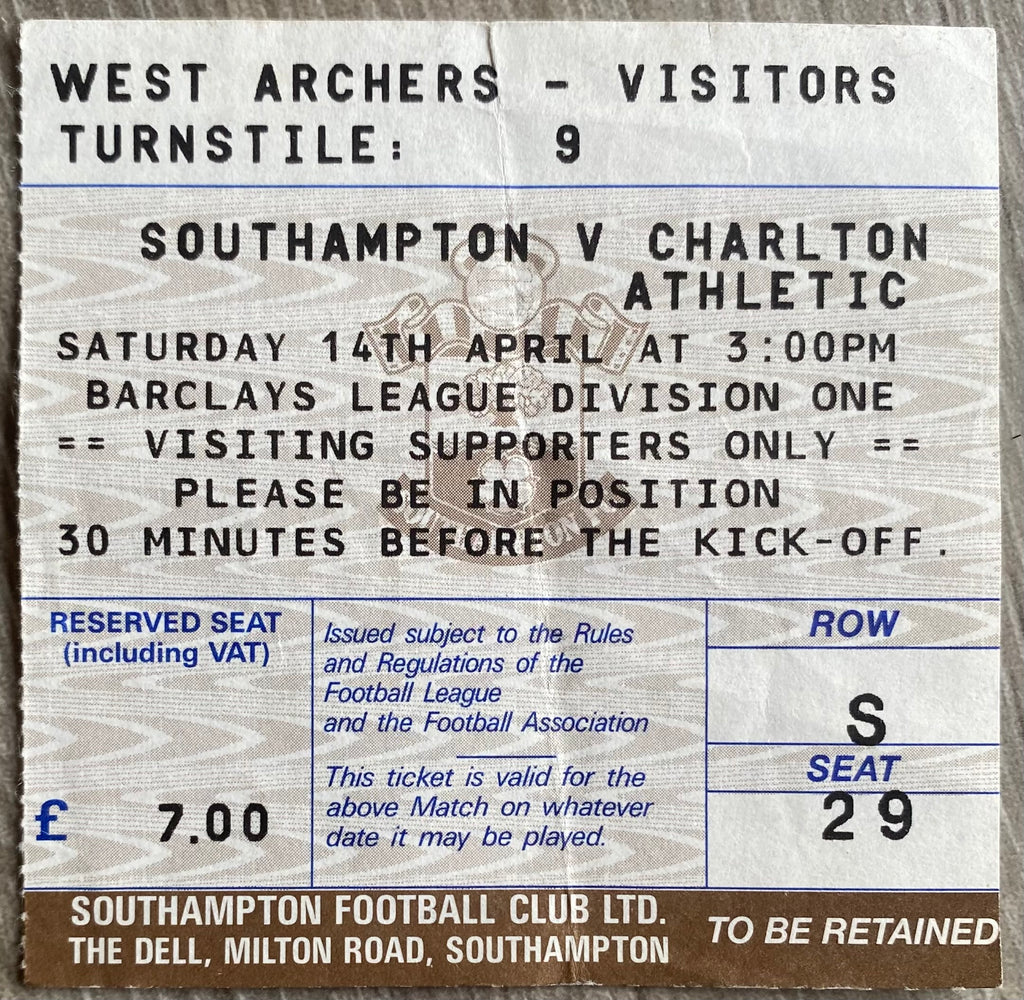 1989/90 ORIGINAL DIVISION ONE TICKET SOUTHAMPTON V CHARLTON ATHLETIC