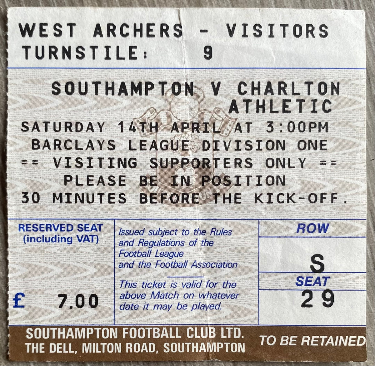 1989/90 ORIGINAL DIVISION ONE TICKET SOUTHAMPTON V CHARLTON ATHLETIC