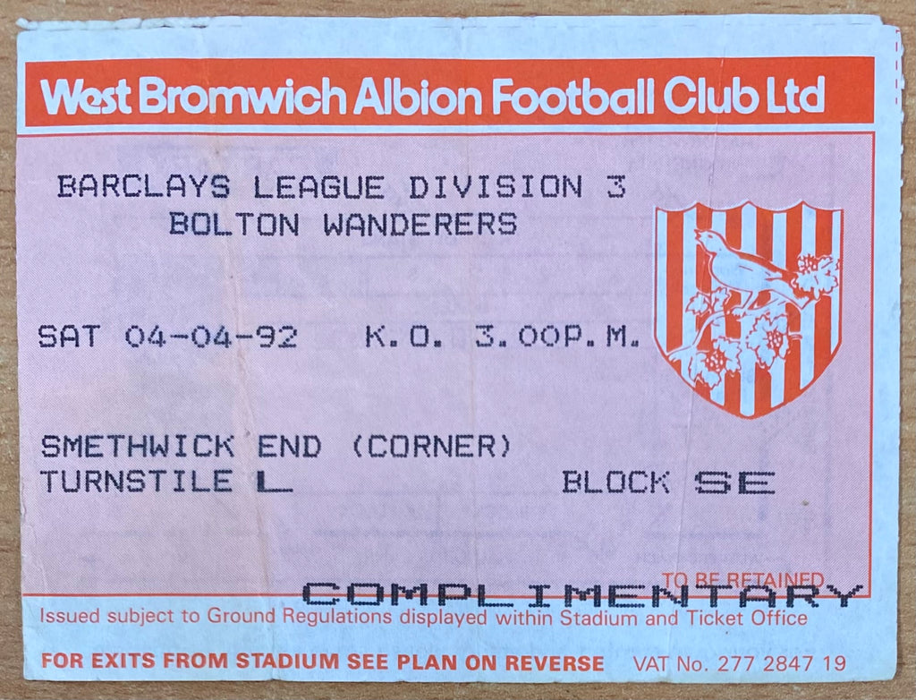 1991/92 ORIGINAL DIVISION 3 TICKET WEST BROMWICH ALBION V BOLTON WANDERERS