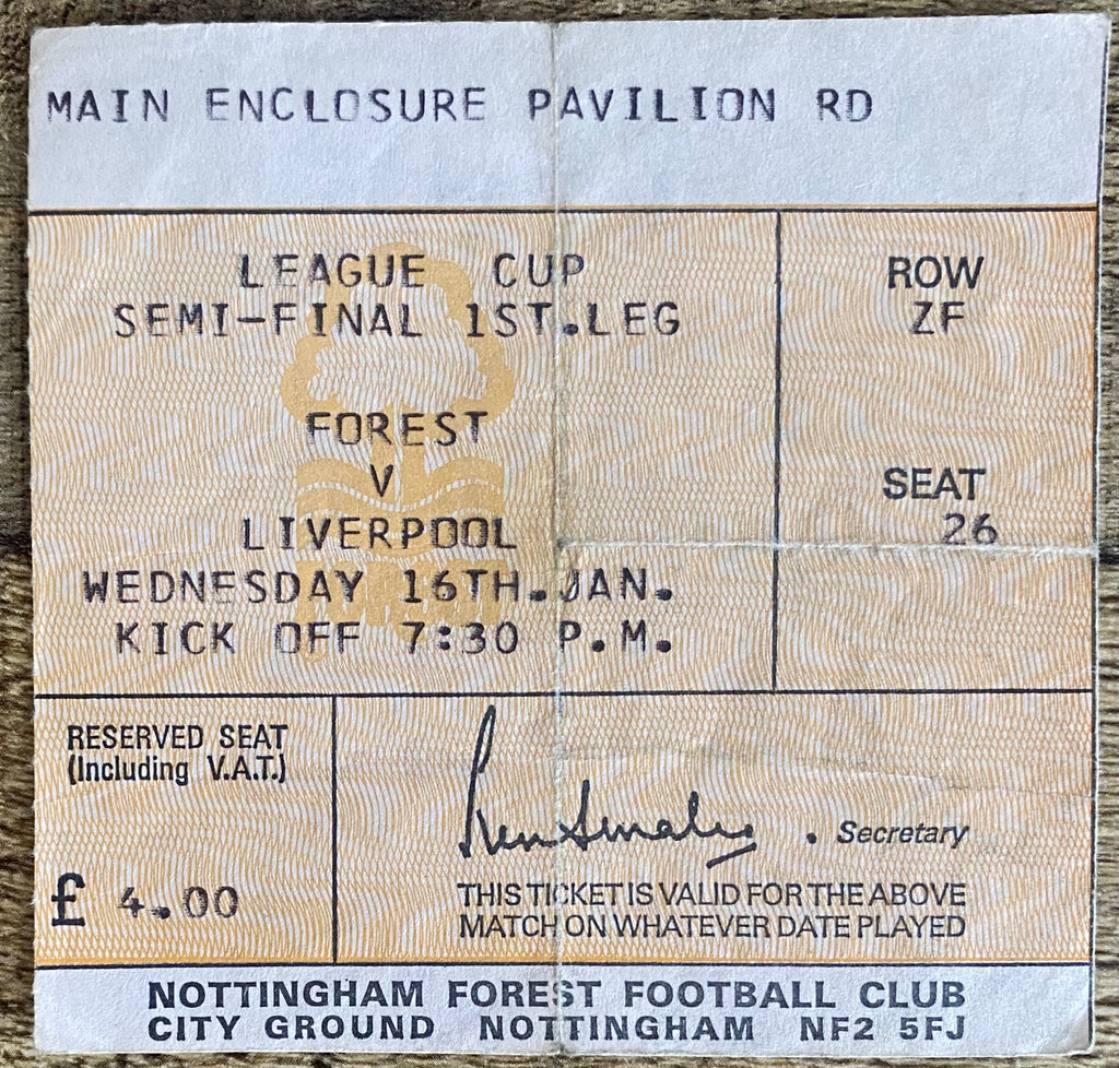 1979/80 ORIGINAL LEAGUE CUP SEMI FINAL 1ST LEG TICKET NOTTINGHAM FOREST V LIVERPOOL