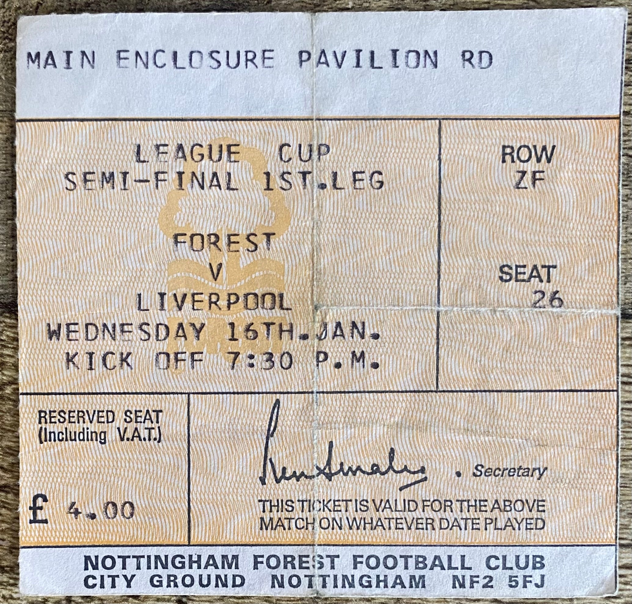 1979/80 ORIGINAL LEAGUE CUP SEMI FINAL 1ST LEG TICKET NOTTINGHAM FOREST V LIVERPOOL