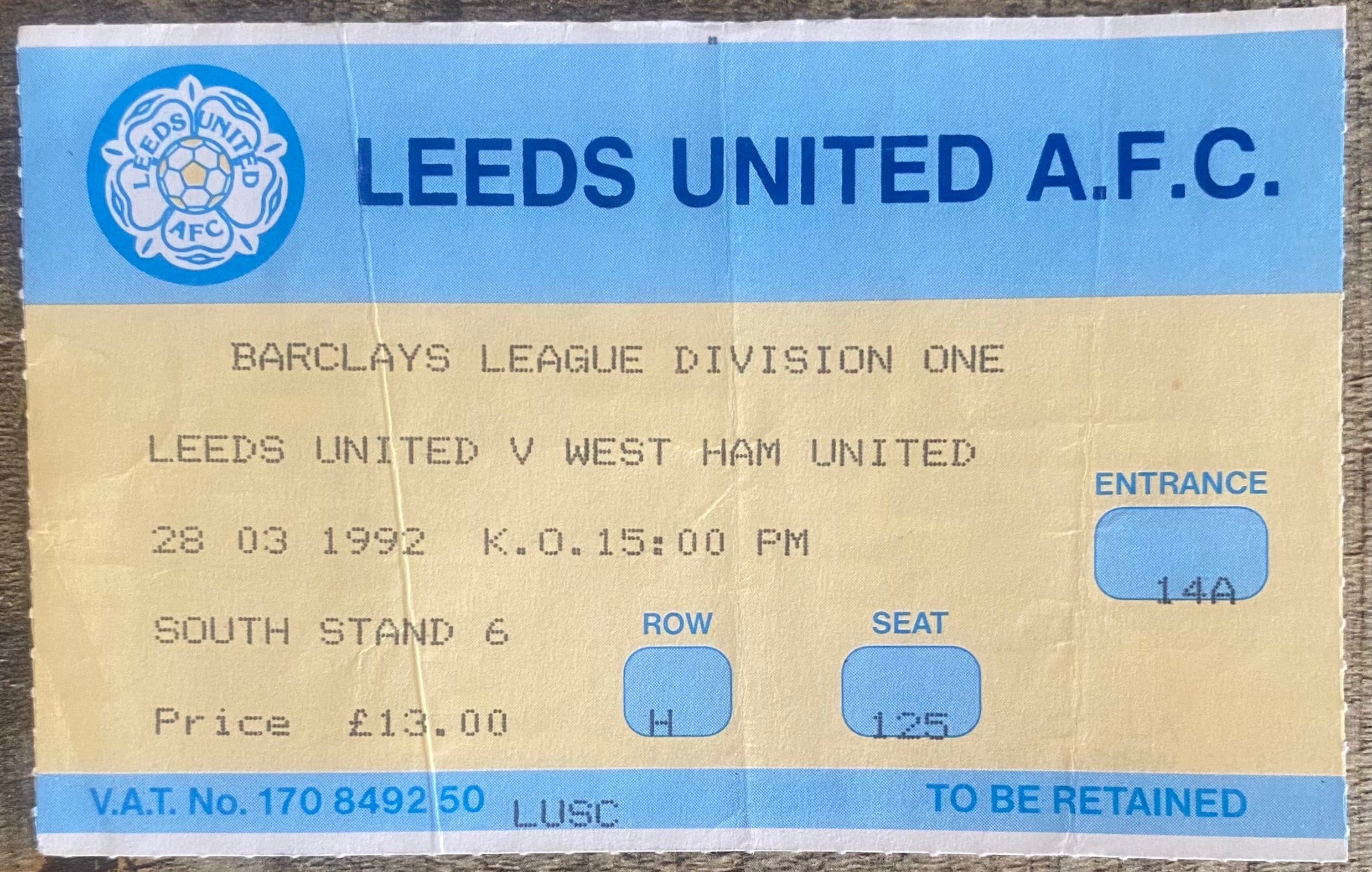 1991/92 ORIGINAL DIVISION 1 TICKET LEEDS UNITED V WEST HAM UNITED