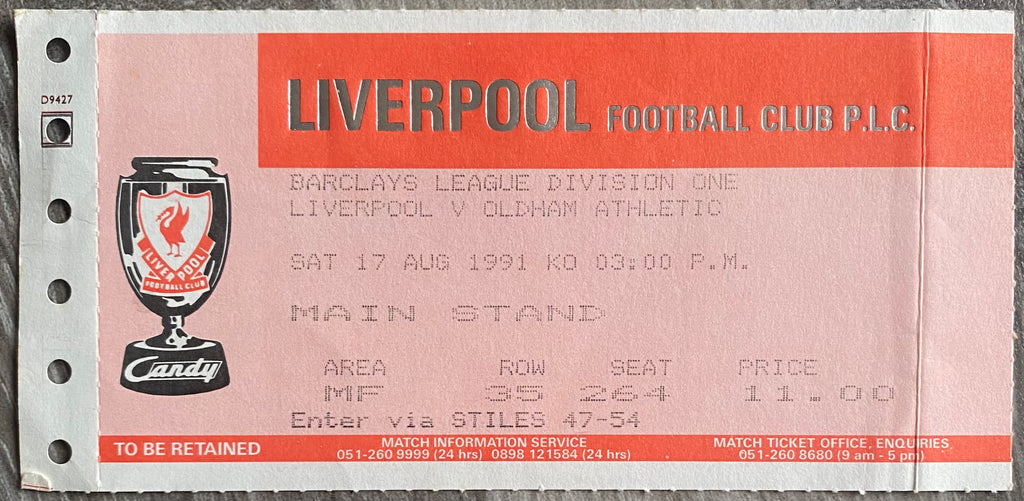 1991/92 ORIGINAL DIVISION 1 TICKET LIVERPOOL V OLDHAM ATHLETIC