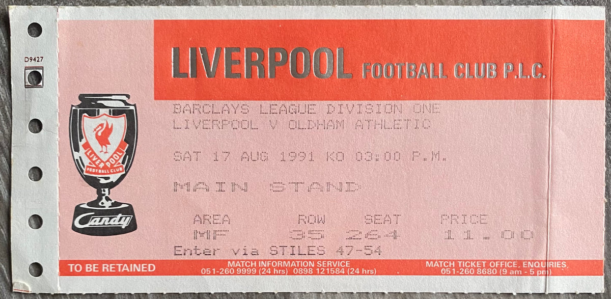 1991/92 ORIGINAL DIVISION 1 TICKET LIVERPOOL V OLDHAM ATHLETIC