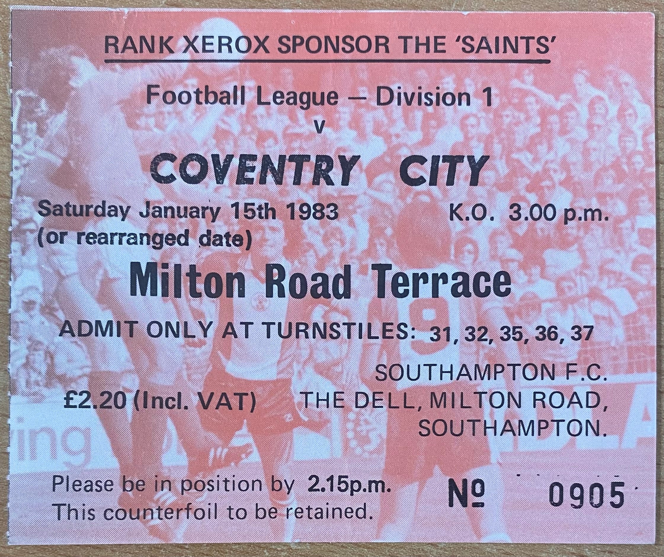 1982/83 ORIGINAL DIVISION ONE TICKET SOUTHAMPTON V COVENTRY CITY