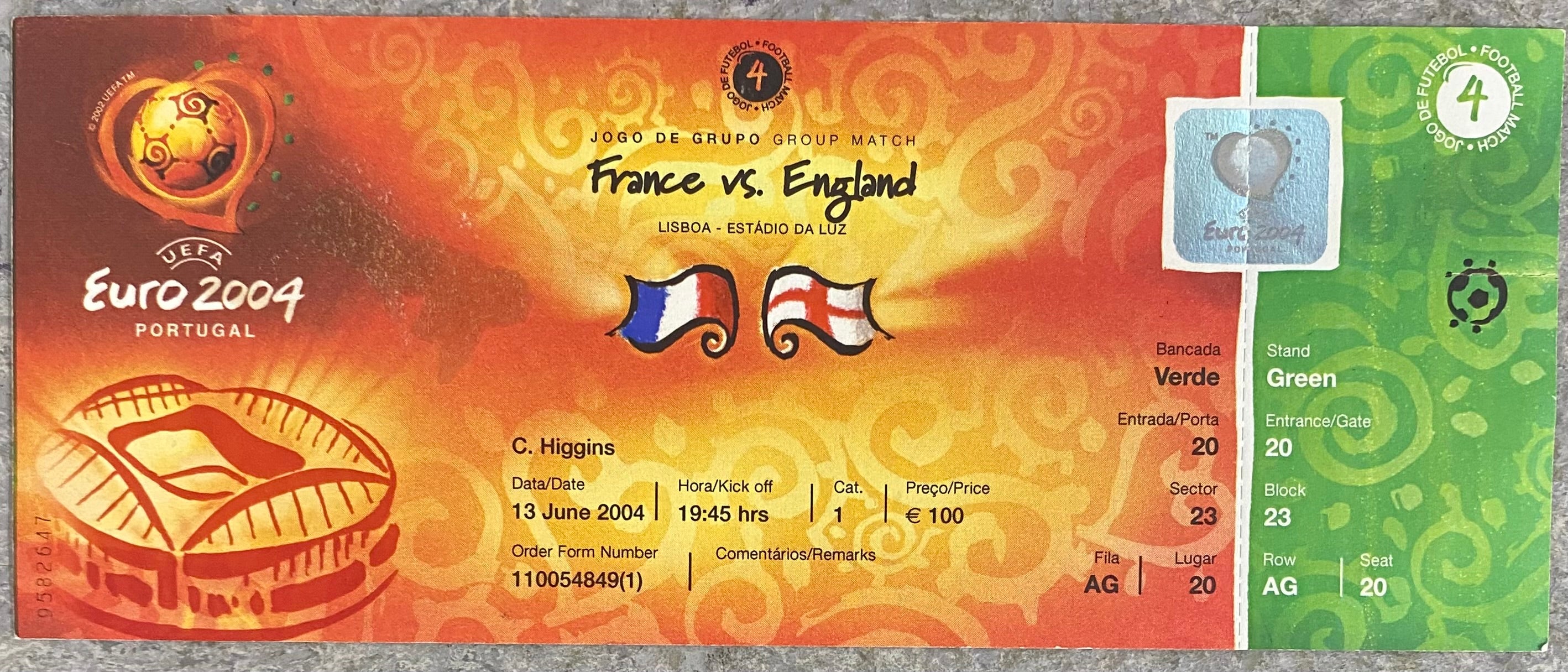 2004 ORIGINAL EUROPEAN CHAMPIONSHIPS UNUSED TICKET ENGLAND V FRANCE @ LISBON