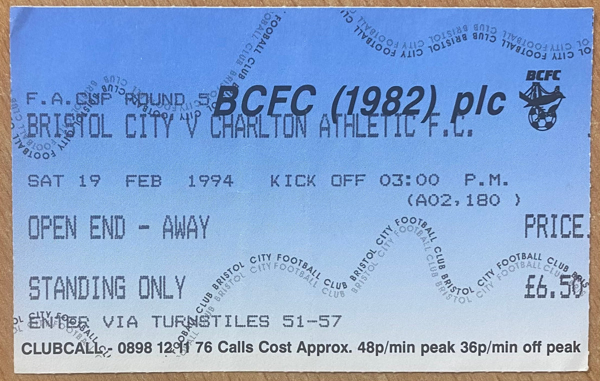 1993/94 ORIGINAL DIVISION 1 TICKET BRISTOL CITY V CHARLTON ATHLETIC