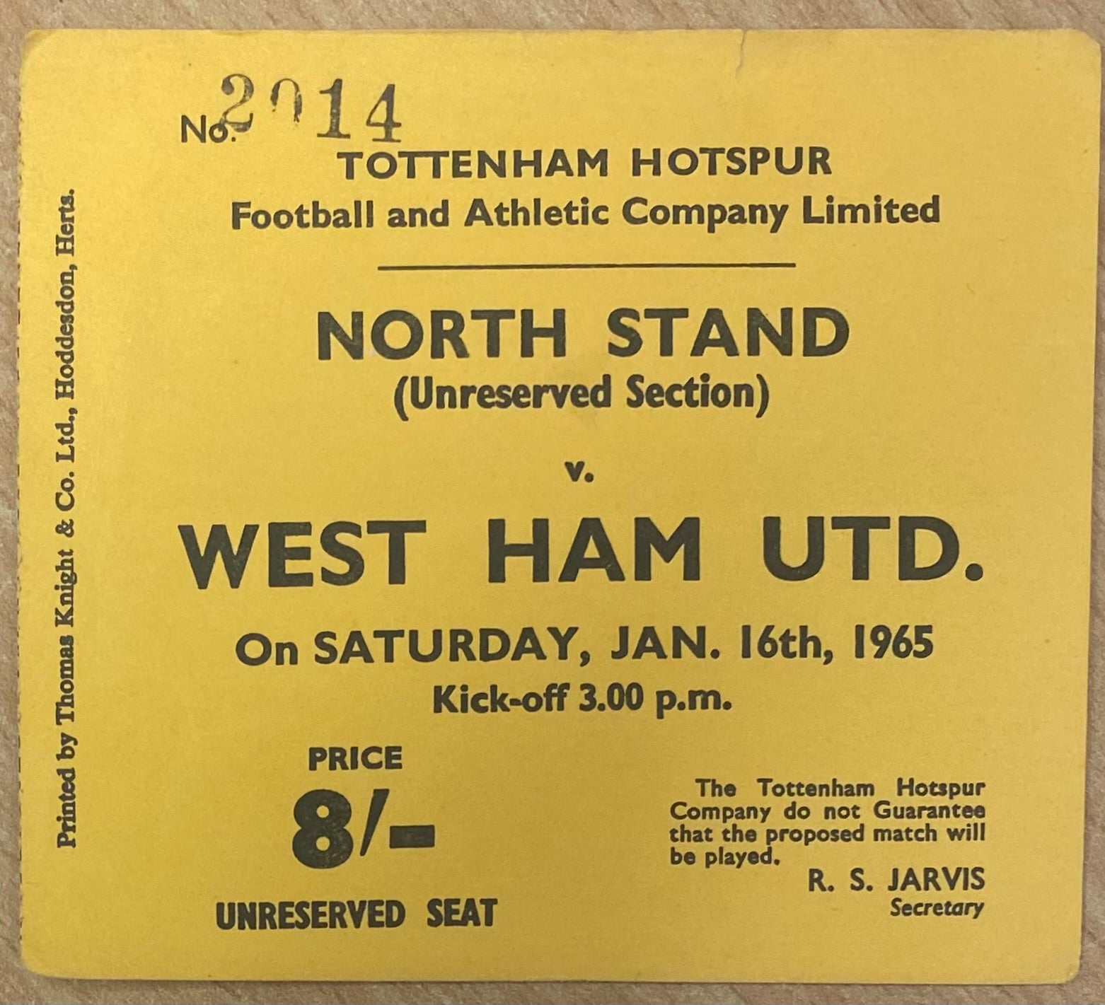 1964/65 ORIGINAL DIVISION ONE TICKET TOTTENHAM HOTSPUR V WEST HAM UNITED