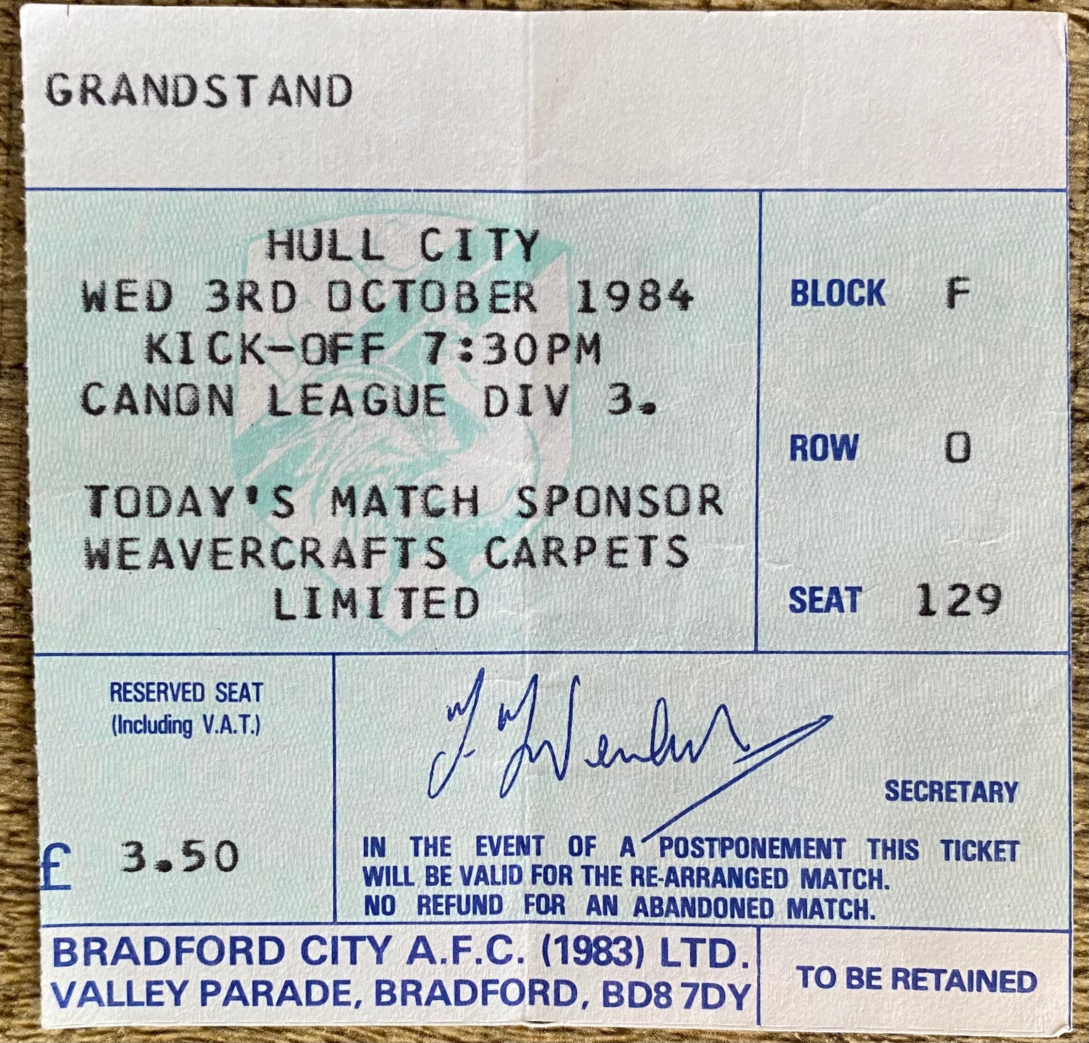 1984/85 ORIGINAL DIVISION 3 TICKET BRADFORD CITY V HULL CITY