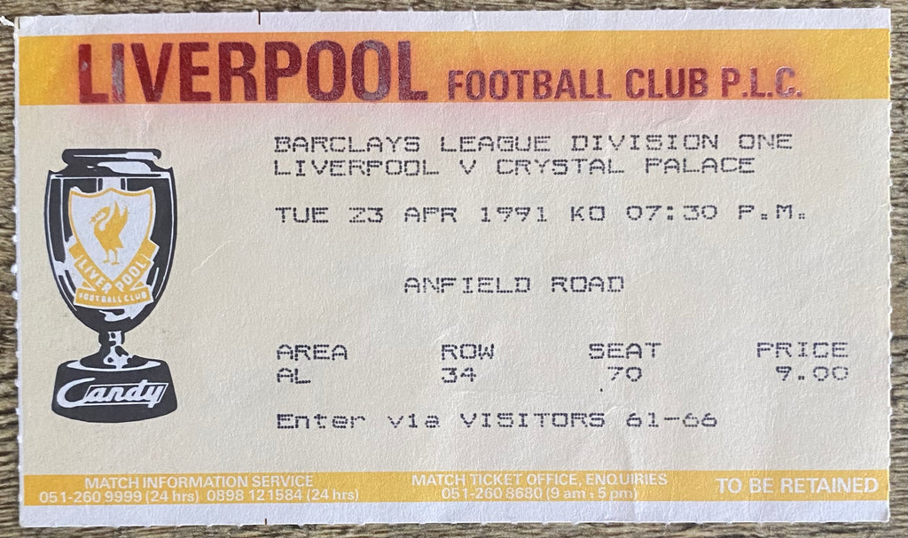 1990/91 ORIGINAL DIVISION ONE TICKET LIVERPOOL V CRYSTAL PALACE