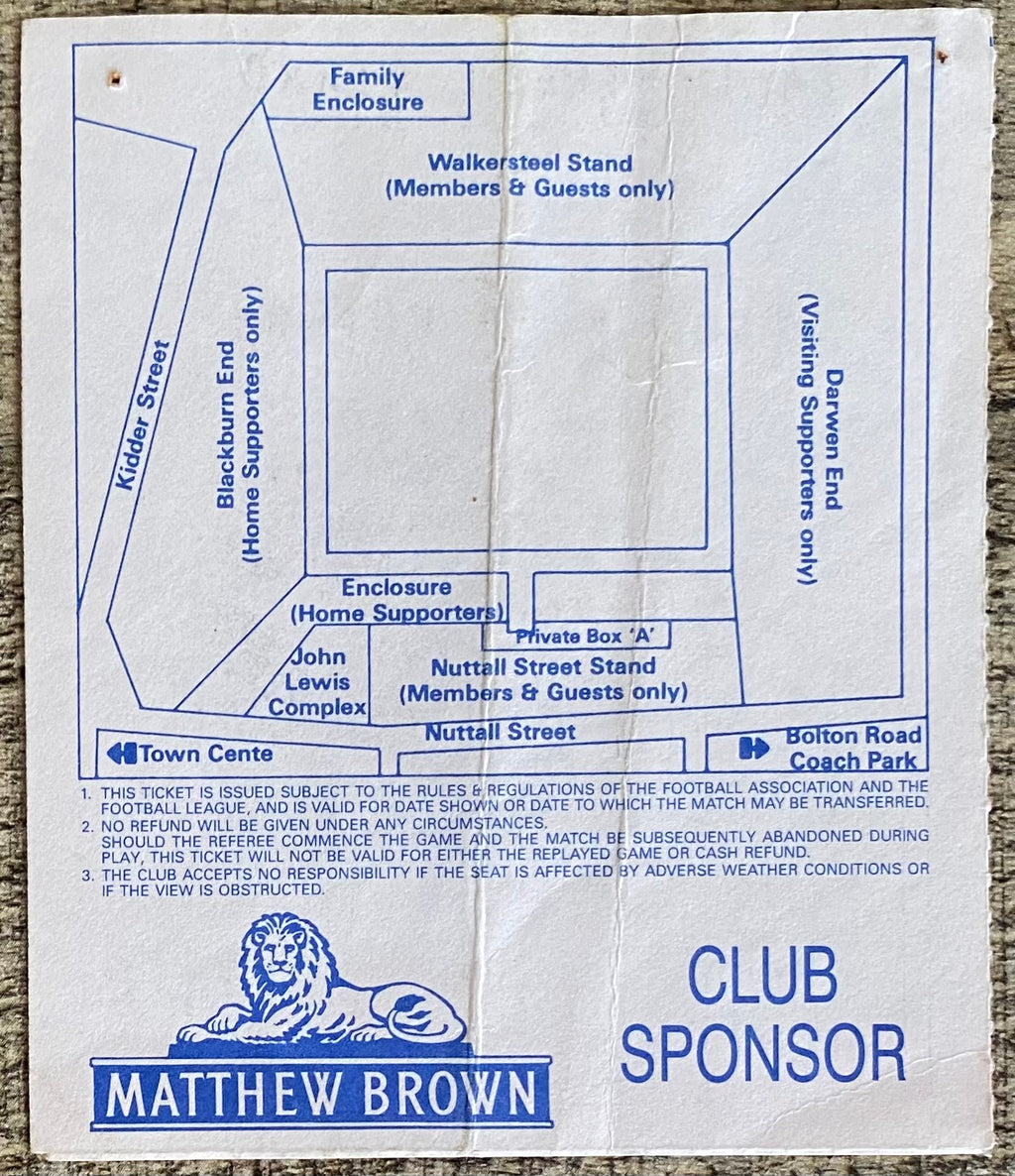 1991/92 ORIGINAL DIVISION 2 TICKET BLACKBURN ROVERS V SUNDERLAND