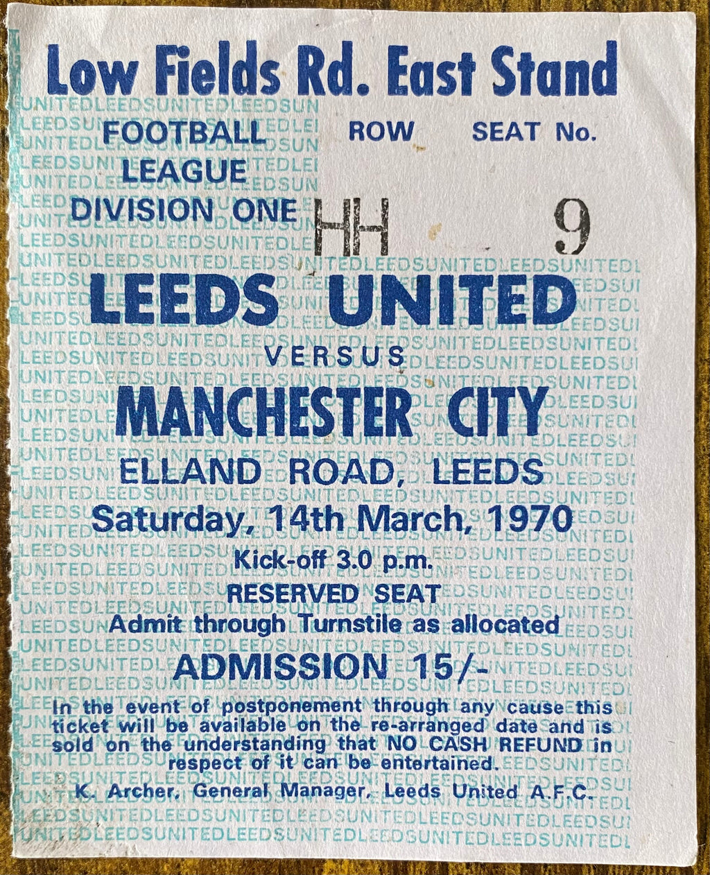 1969/70 ORIGINAL DIVISION ONE TICKET LEEDS UNITED V MANCHESTER CITY