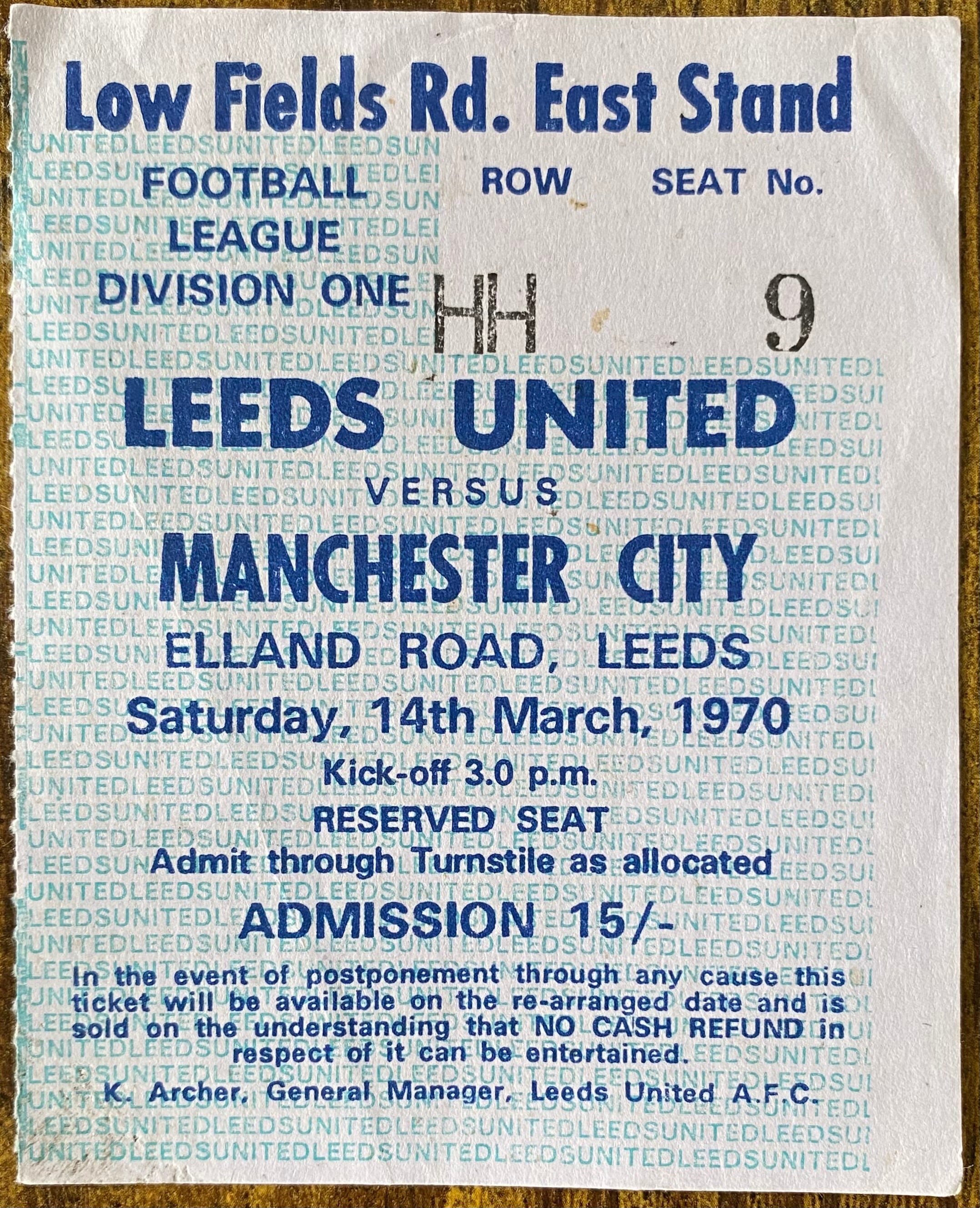 1969/70 ORIGINAL DIVISION ONE TICKET LEEDS UNITED V MANCHESTER CITY