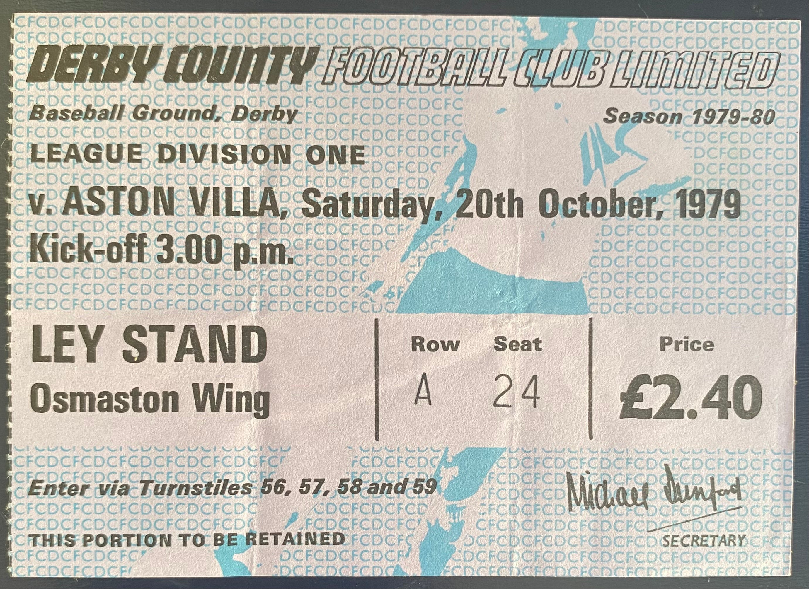 1979/80 ORIGINAL DIVISION 1 TICKET DERBY COUNTY V ASTON VILLA