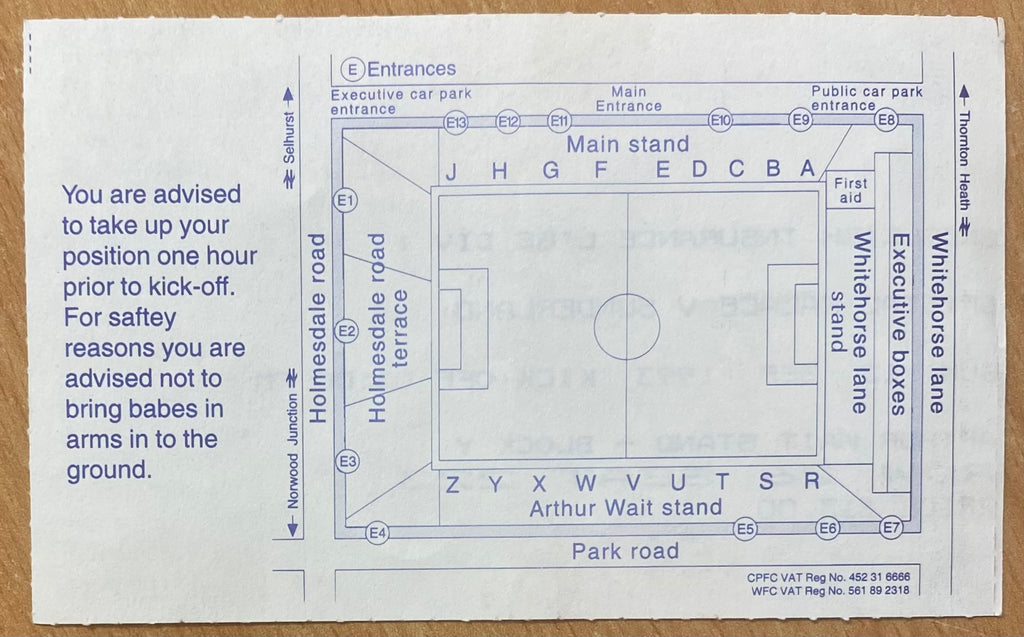 1993/94 ORIGINAL DIVISION 1 TICKET CRYSTAL PALACE V SUNDERLAND