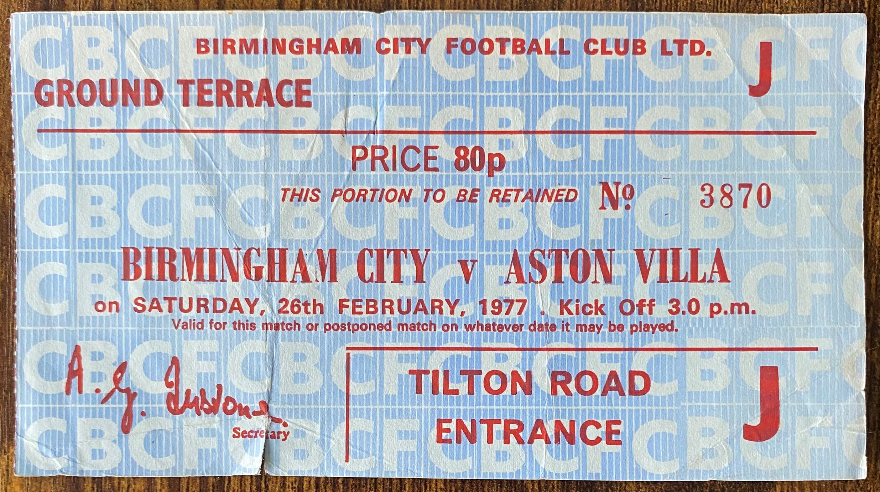 1976/77 ORIGINAL DIVISION 1 TICKET BIRMINGHAM CITY V ASTON VILLA