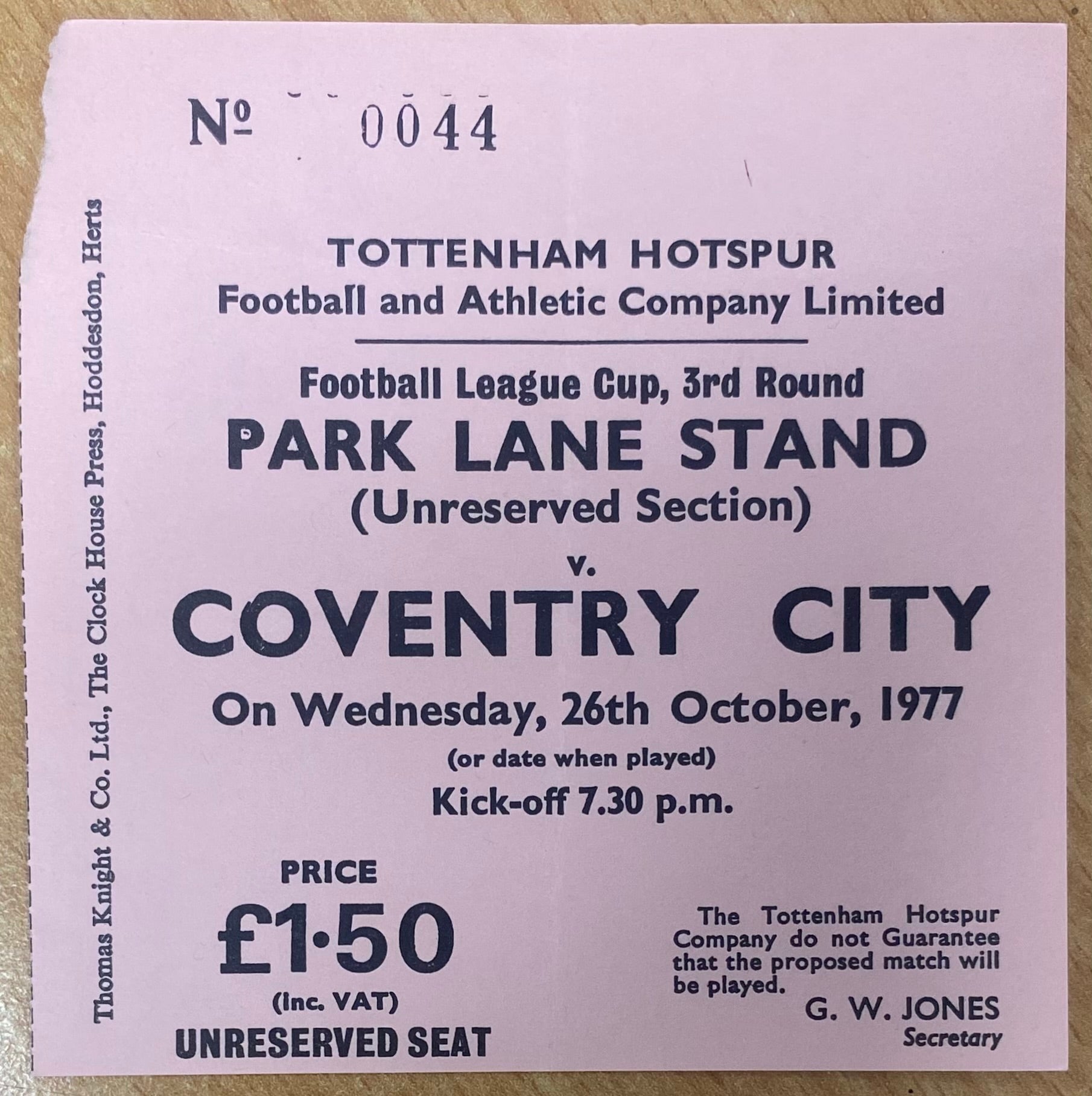 1977/78 ORIGINAL LEAGUE CUP 3RD ROUND TICKET TOTTENHAM HOTSPUR V COVENTRY CITY