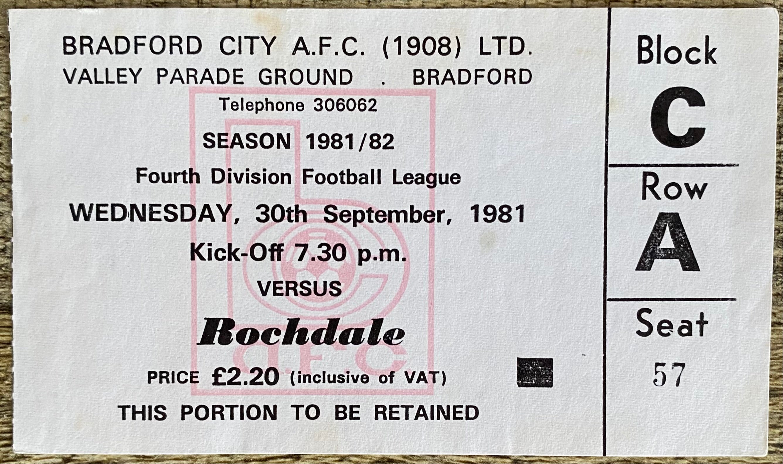 1981/82 ORIGINAL DIVISION 4 UNUSED TICKET BRADFORD CITY V ROCHDALE